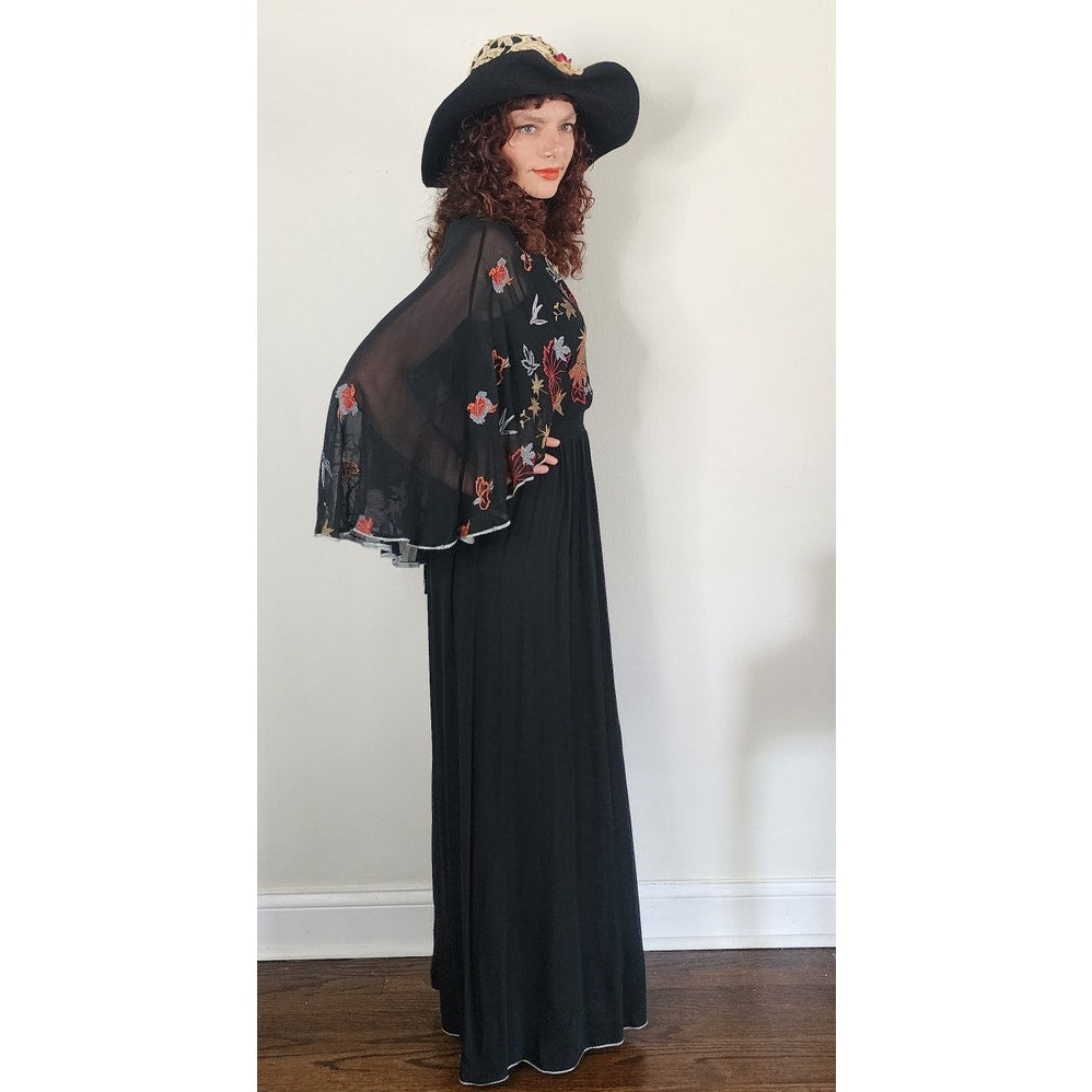Vintage 1970s Janice Wainwright Maxi Dress Embroidered Butterfly Sleeves w/Capelet