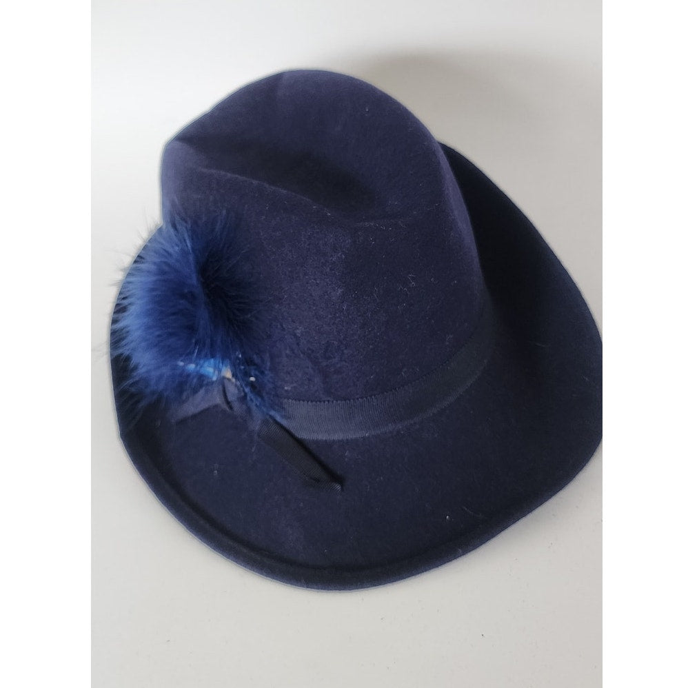 Vintage 1970s Ladies Fedora Blue Wool w/Feather Tally-Ho