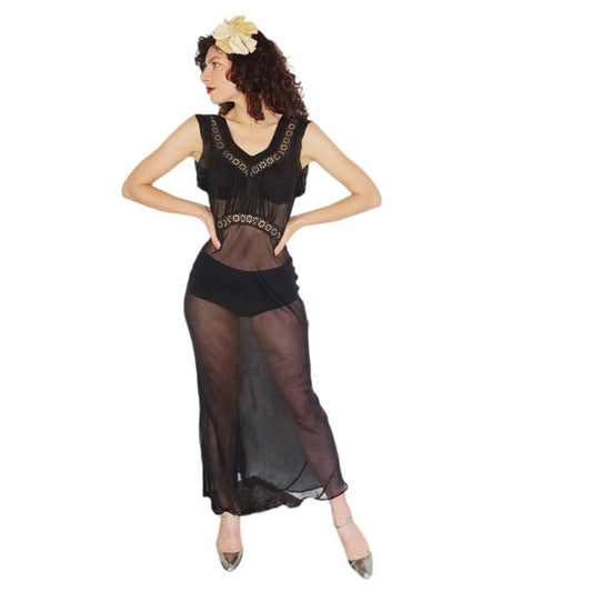 Vintage 1930s Black Sheer Slip Dress Negligee Crochet Lace Trim