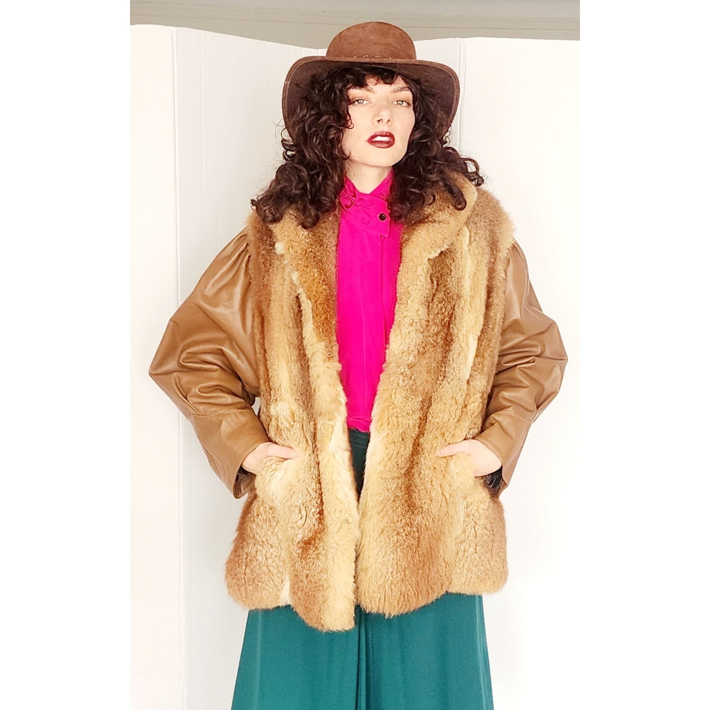 1970s Brown Leather Jacket w/Possum Fur Boho / Large