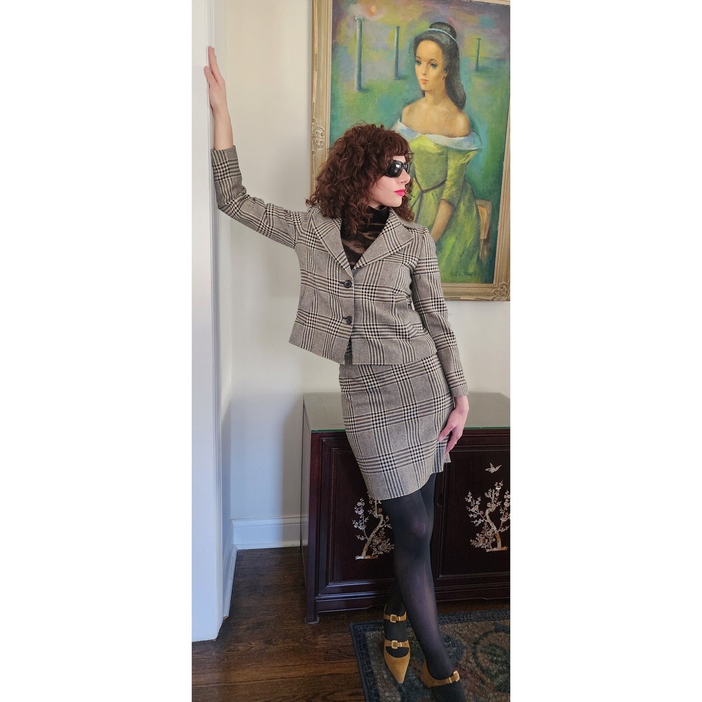 Vintage 90s Brooks Brothers Skirt Suit Moon Wool Houndstooth Black White