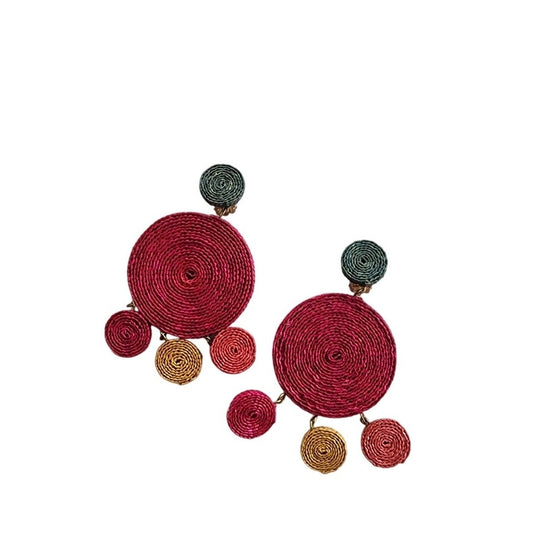 Vintage 80s Dangly Earrings Raffia Weave Colorful Clip-Ons