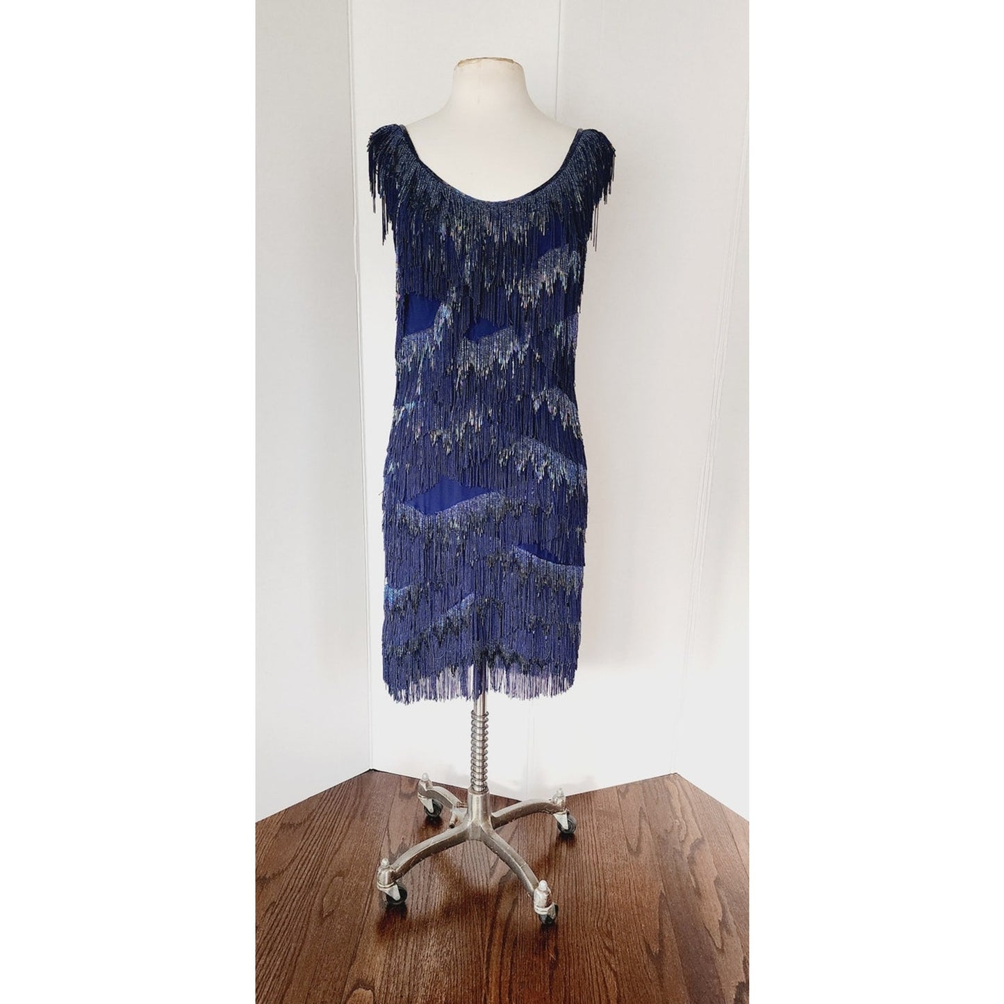 Vintage 2000s Blue Beaded Dress Silk Fringe Flapper Style / Medium