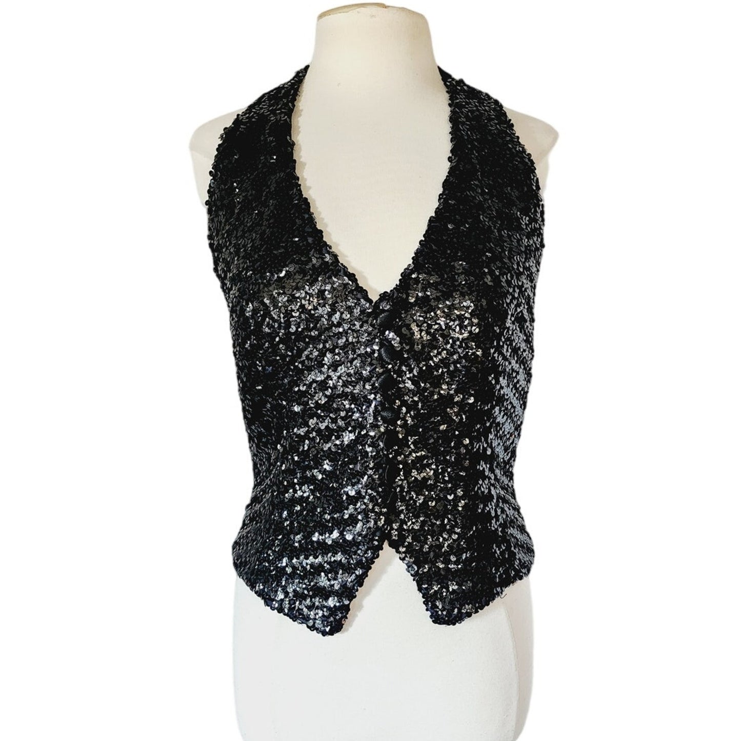 Vintage 70s 80s Halter Top Vest Black Sequins