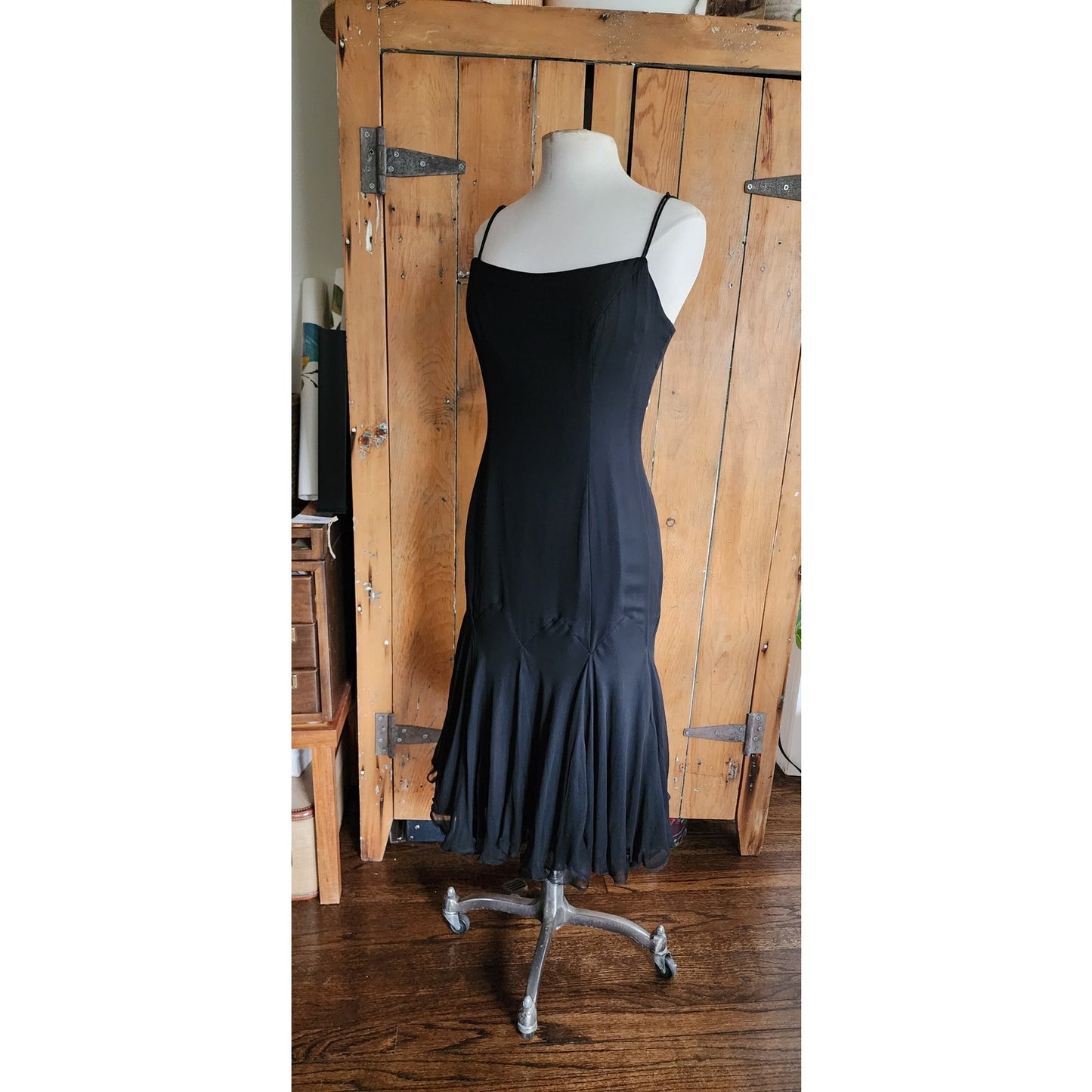 Vintage Party Dress Black Silk Chiffon Fishtail Skirt Spaghetti Straps