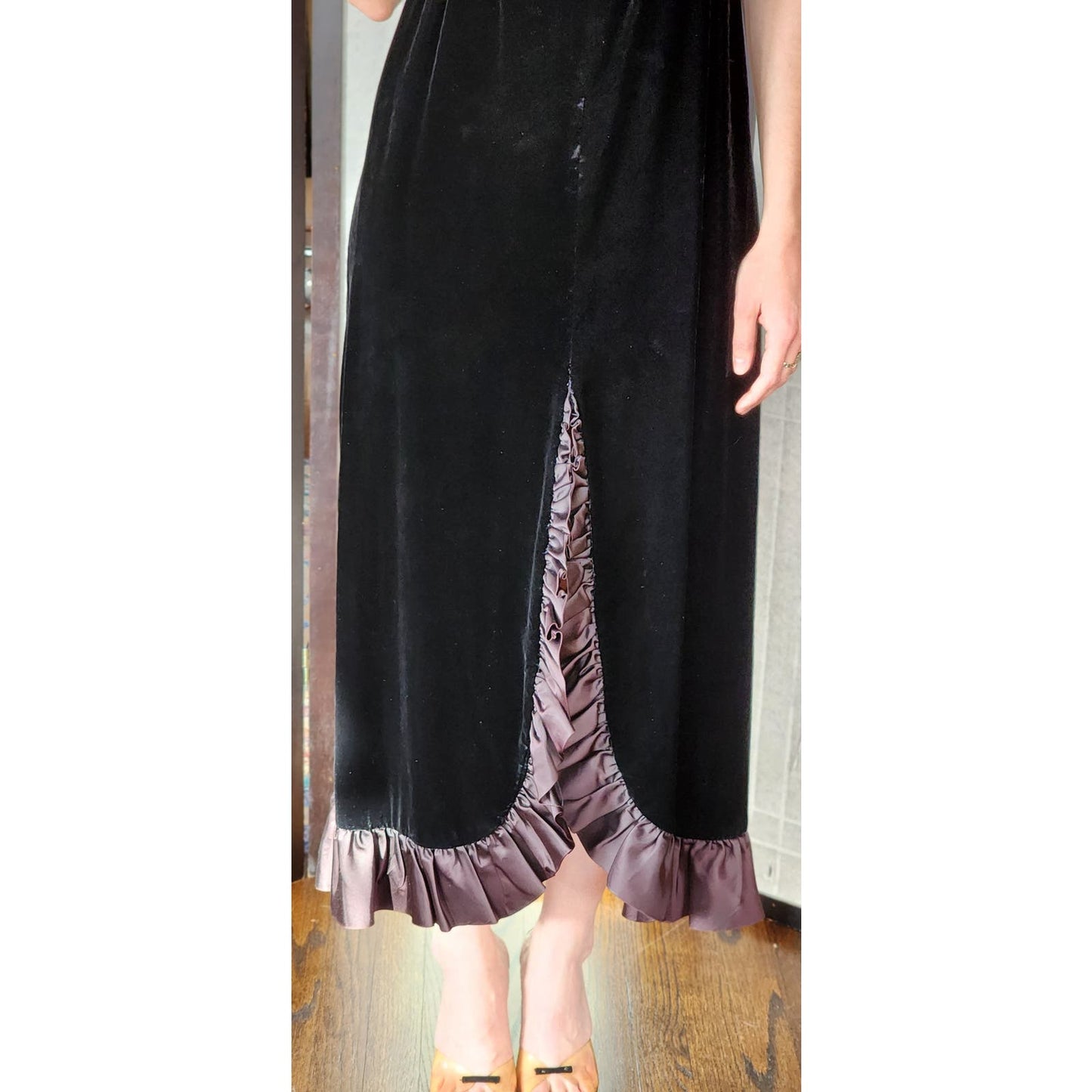 Vintage 60s Black Velvet Evening Dress Bow Ruffled Skirt