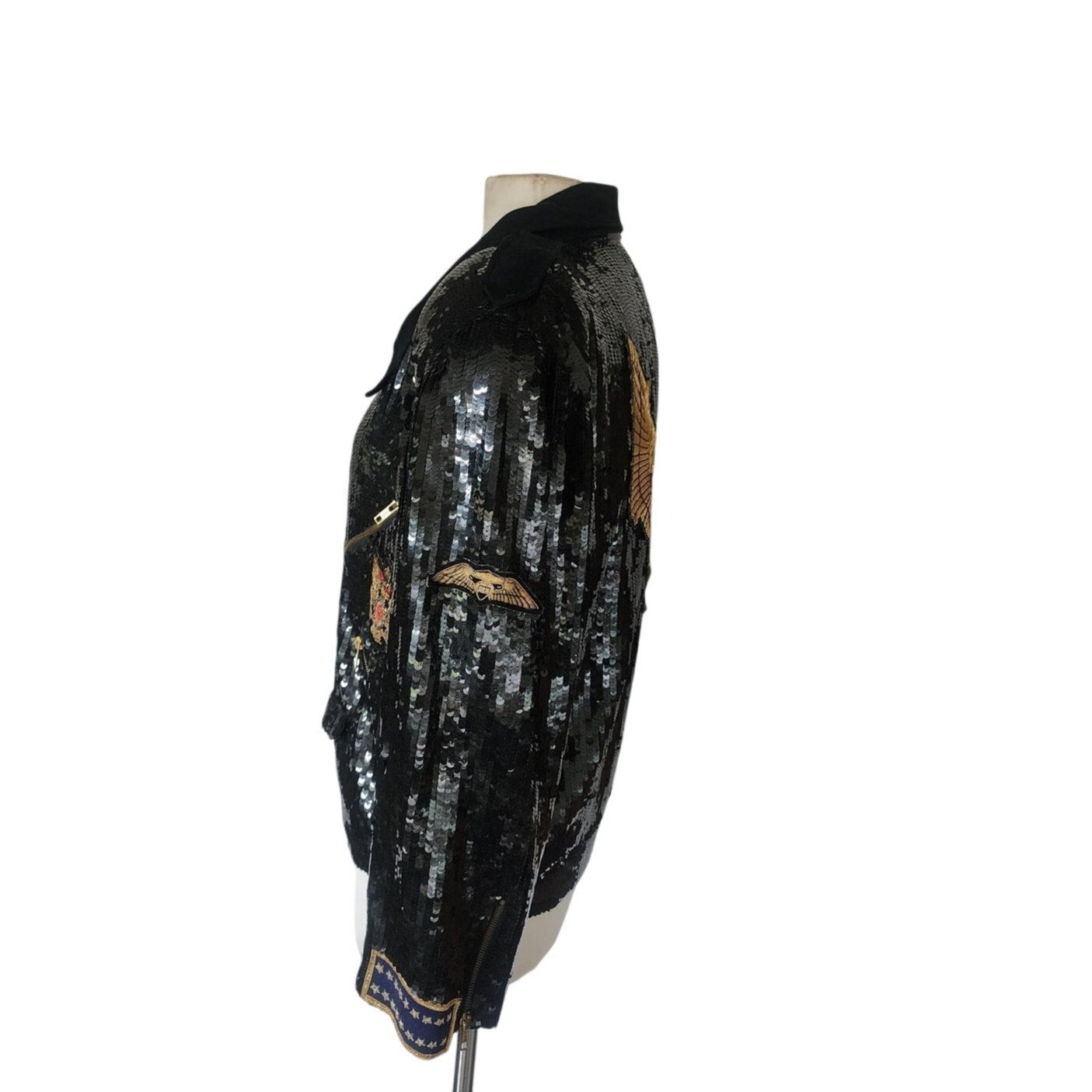 Vintage 80s Bomber Jacket Black Sequins Gold Eagle Motorcycle Patches Neiman Marcus / L