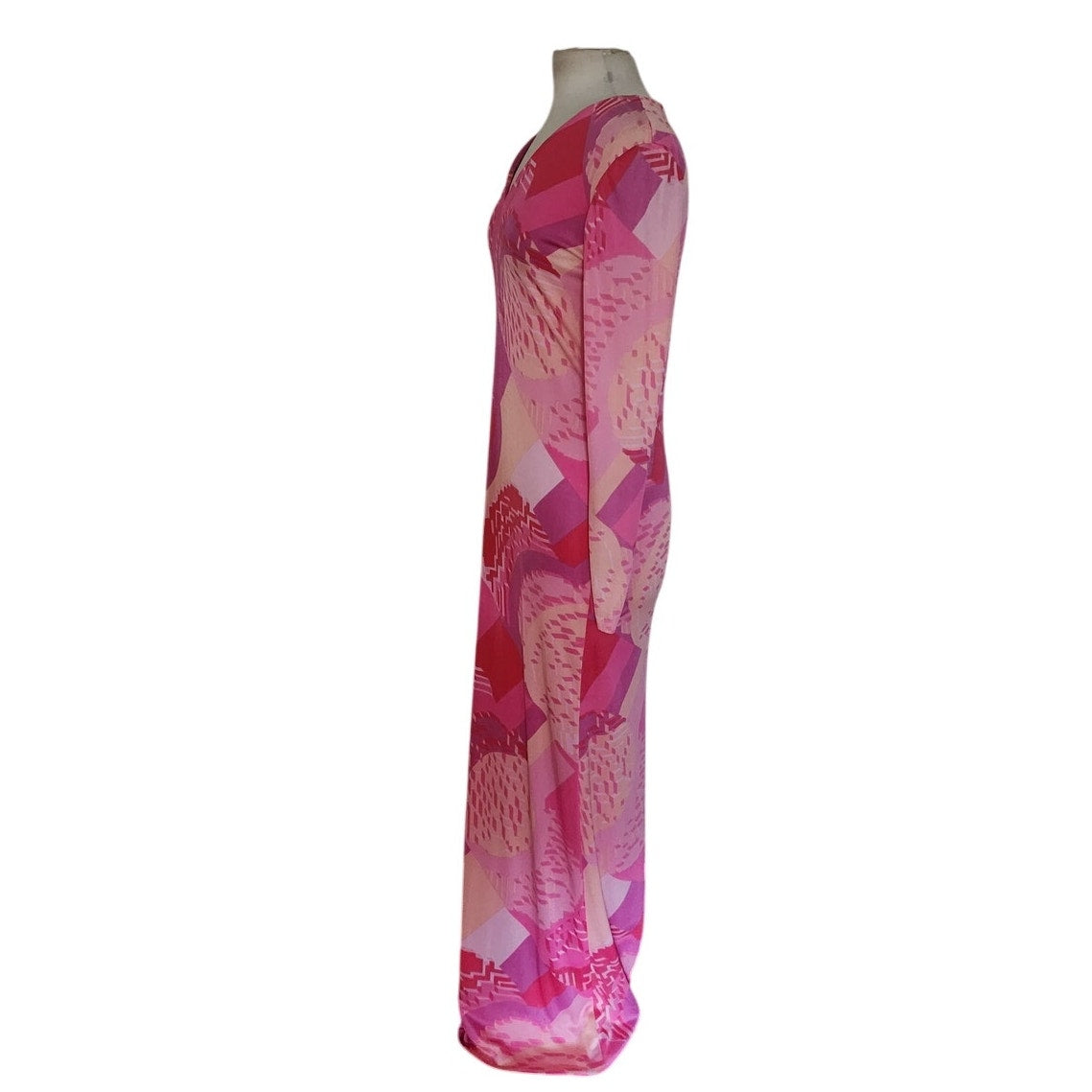 Vintage 1970s Maxi Dress Pink Red Geometric Print Rayon Jersey Stretch