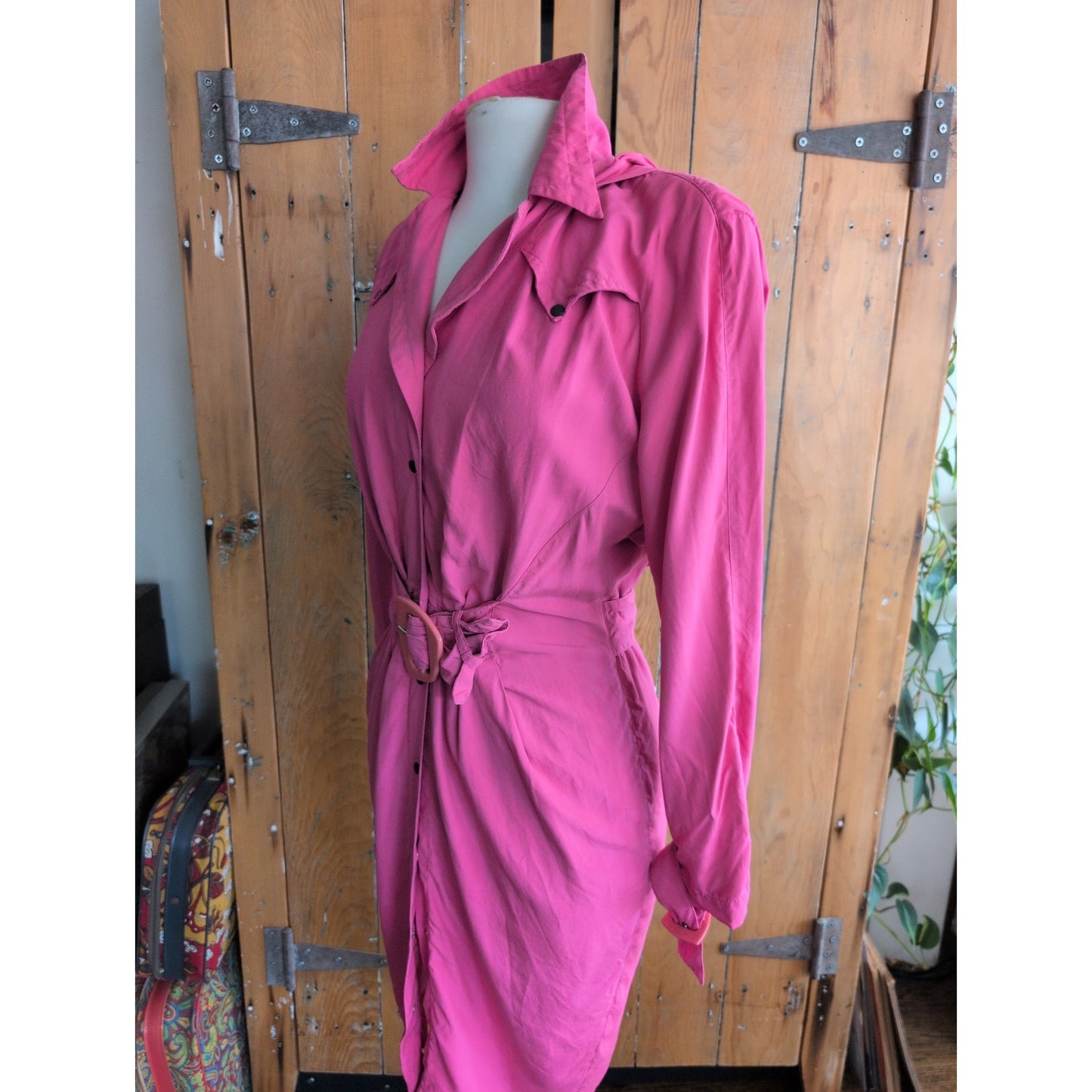 Vintage 80s Pink Silk Dress Long Sleeves Belt & Hood / S
