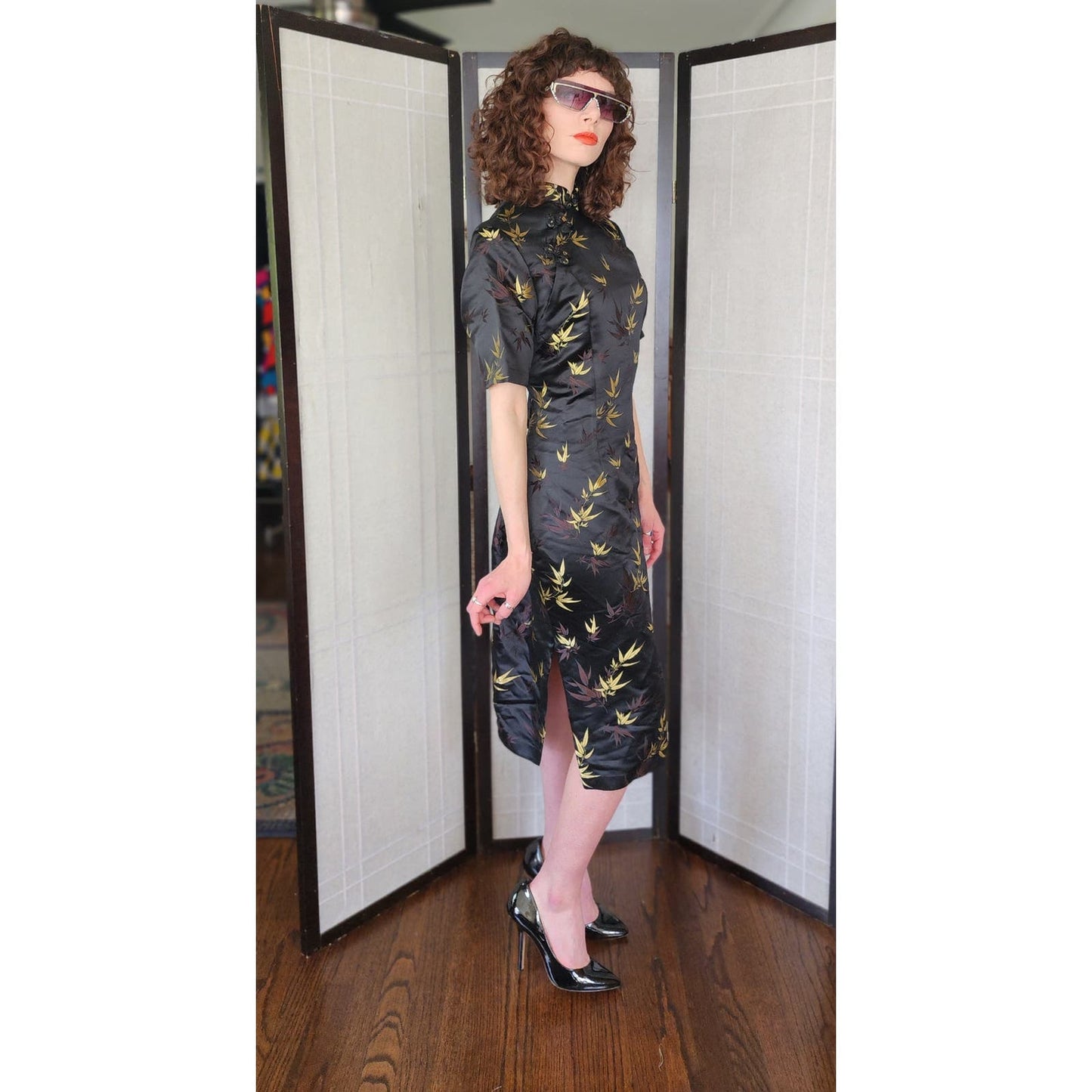 Vintage 50s Cheongsam Dress Black Gold Leaf Silk Print Tong Dynasty
