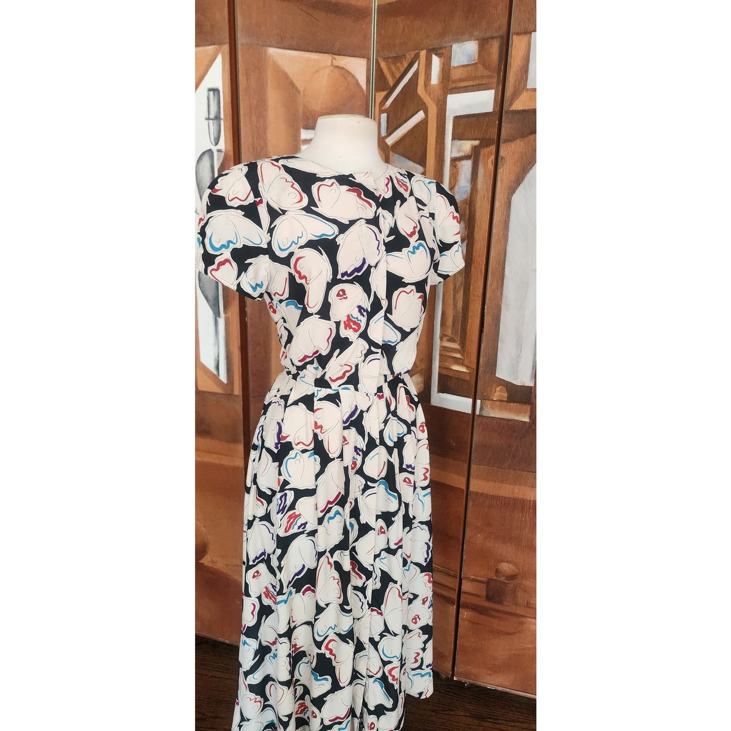 Vintage 1980s Krizia Dress Silk Puff Sleeve Open Back Geometric Abstract Midi