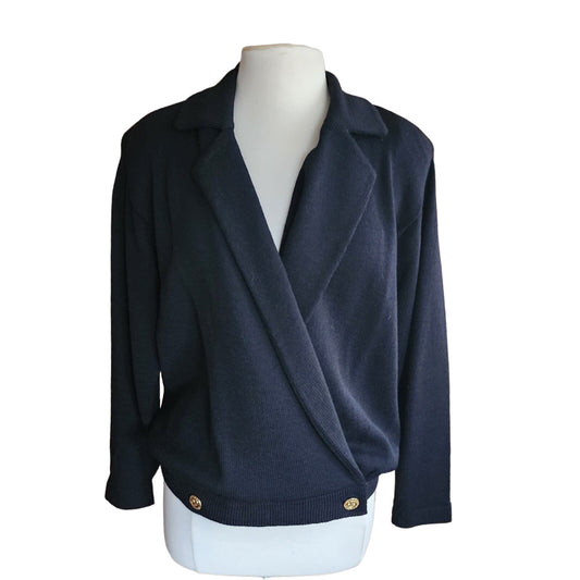 Vintage 80s St John Knit Sweater Jacket in Black, Wrap Style