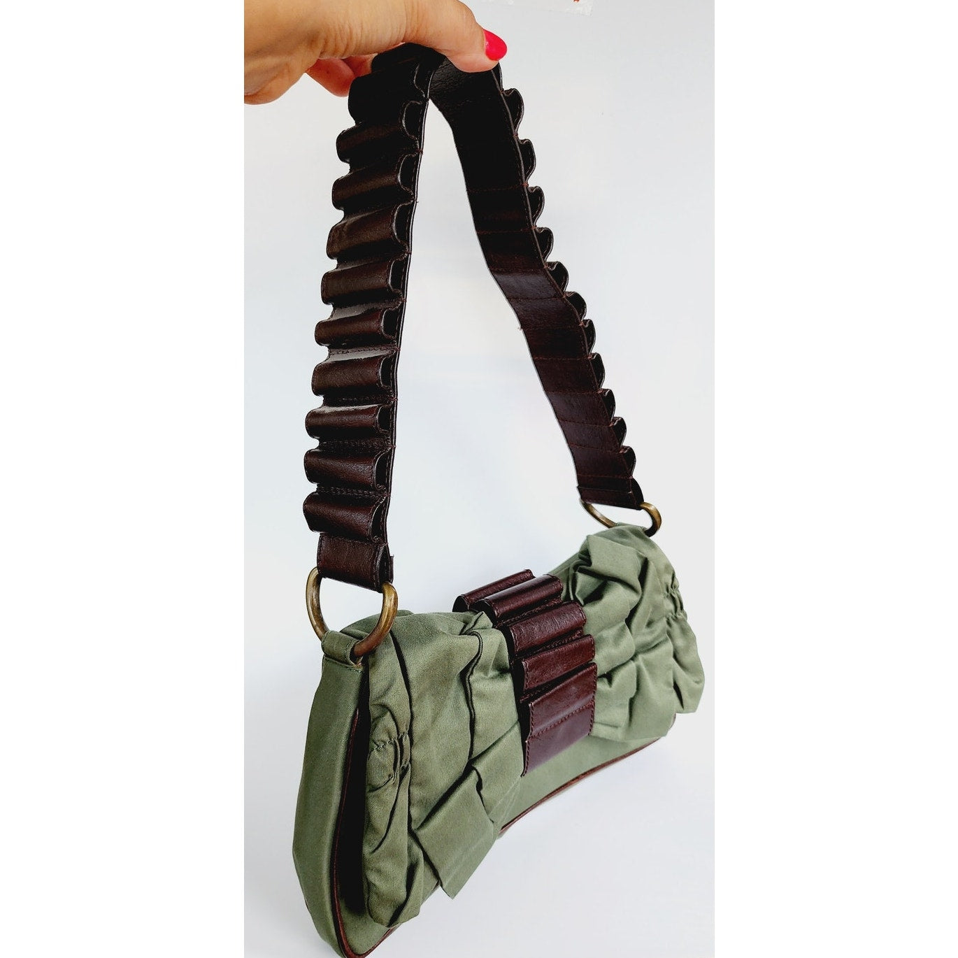 Vintage John Galliano Bag Green Fabric & Brown Leather w/ Bow Design