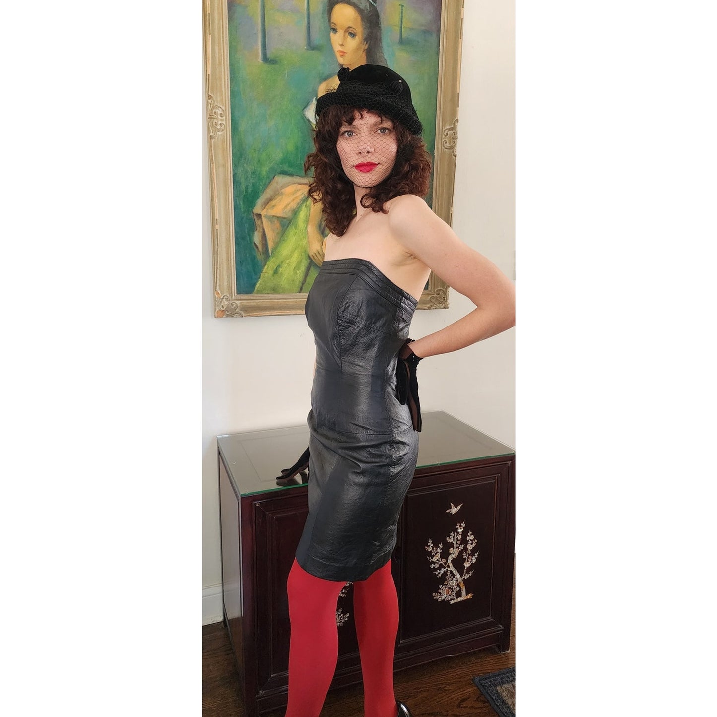 Vintage 90s Black Leather Strapless Dress Bodycon August Silk / S