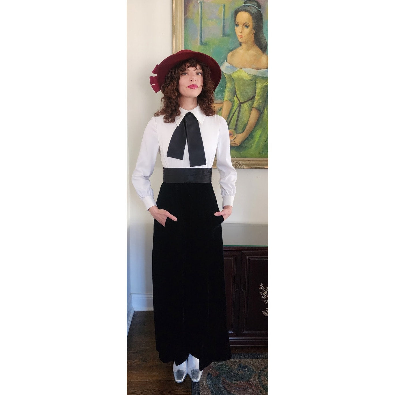 Vintage 70s Tuxedo Style Maxi Dress + Jacket Set Black Velvet Joseph Stein Muriel Reade