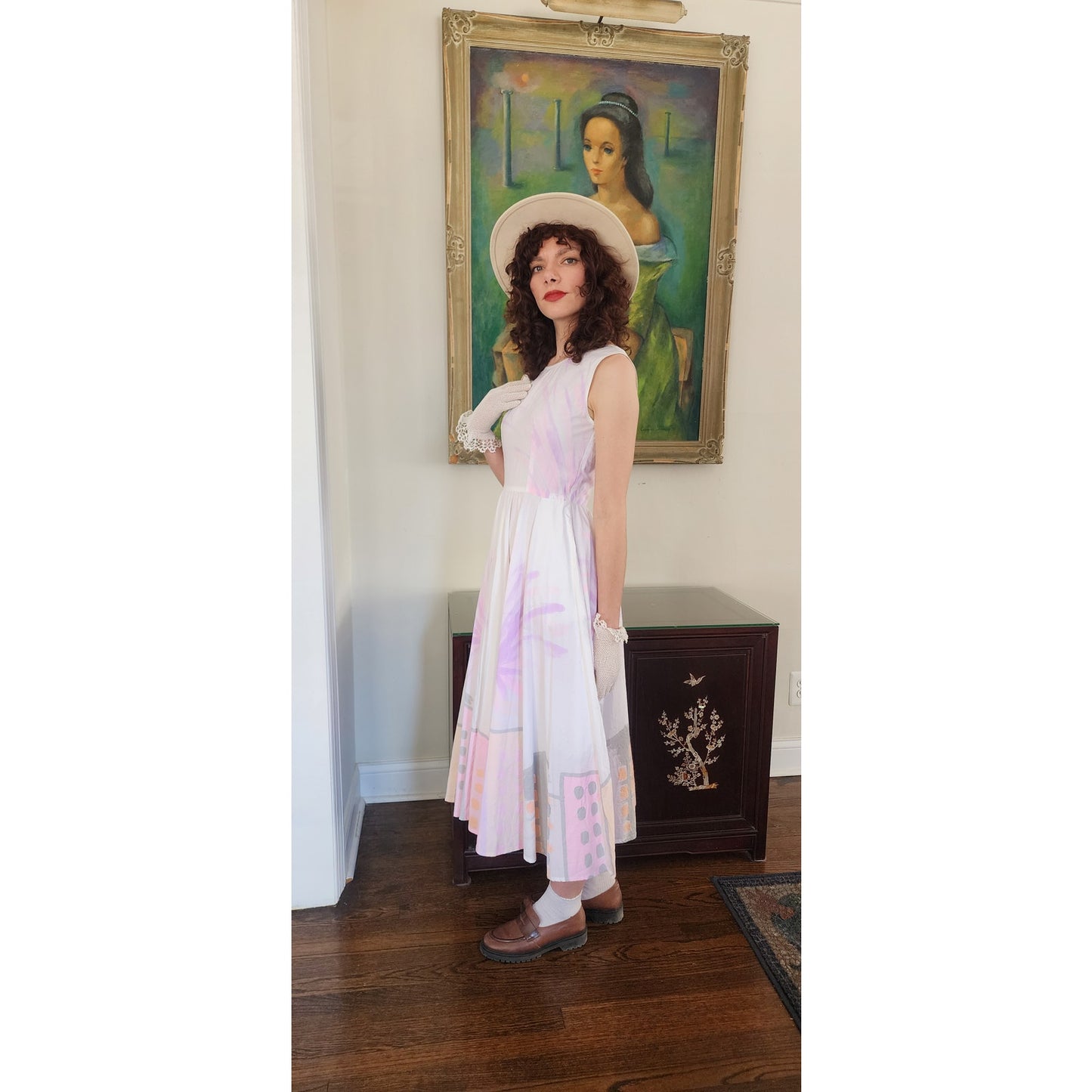 Vintage 90s Cotton Print Sun Dress Sleeveless White Pink Cityscape Print Circle Skirt / S