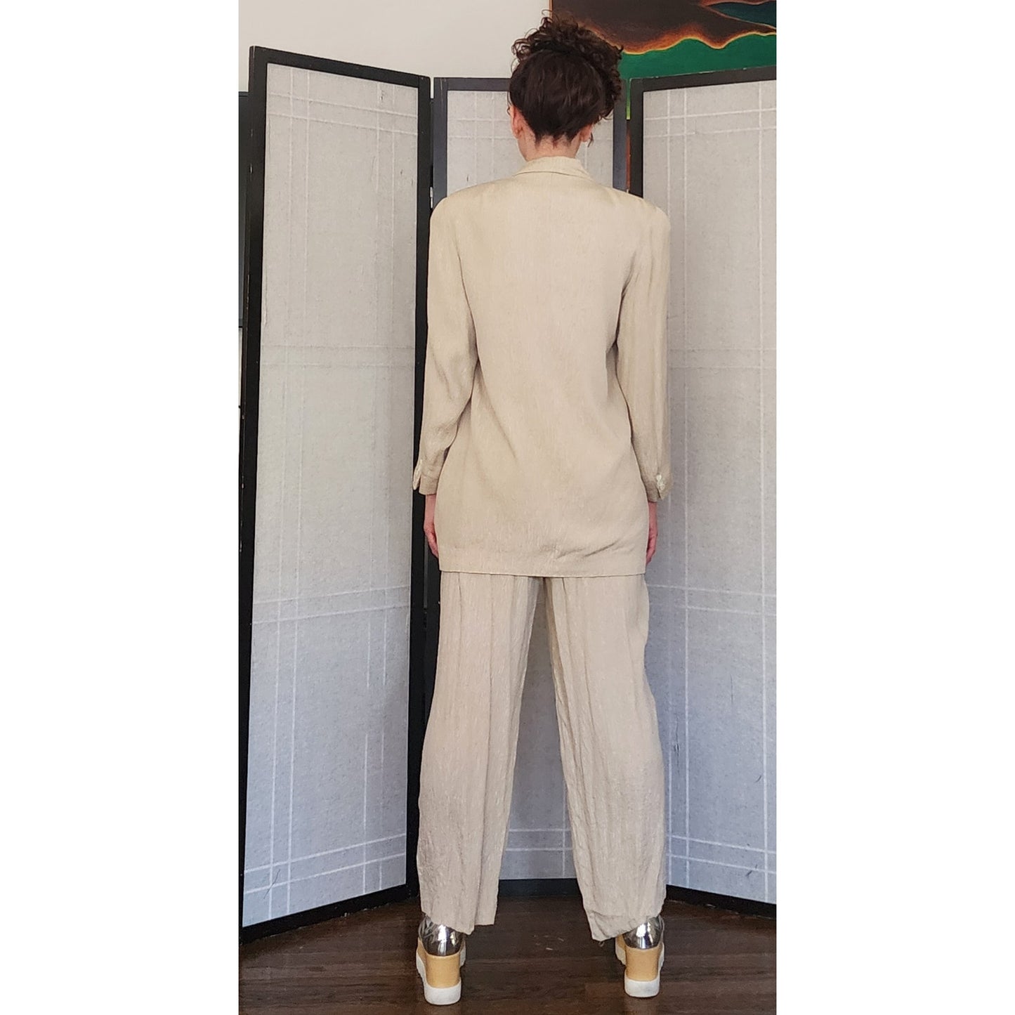 Vintage 80s 90s DONNA KARAN Pant Suit Beige Silk