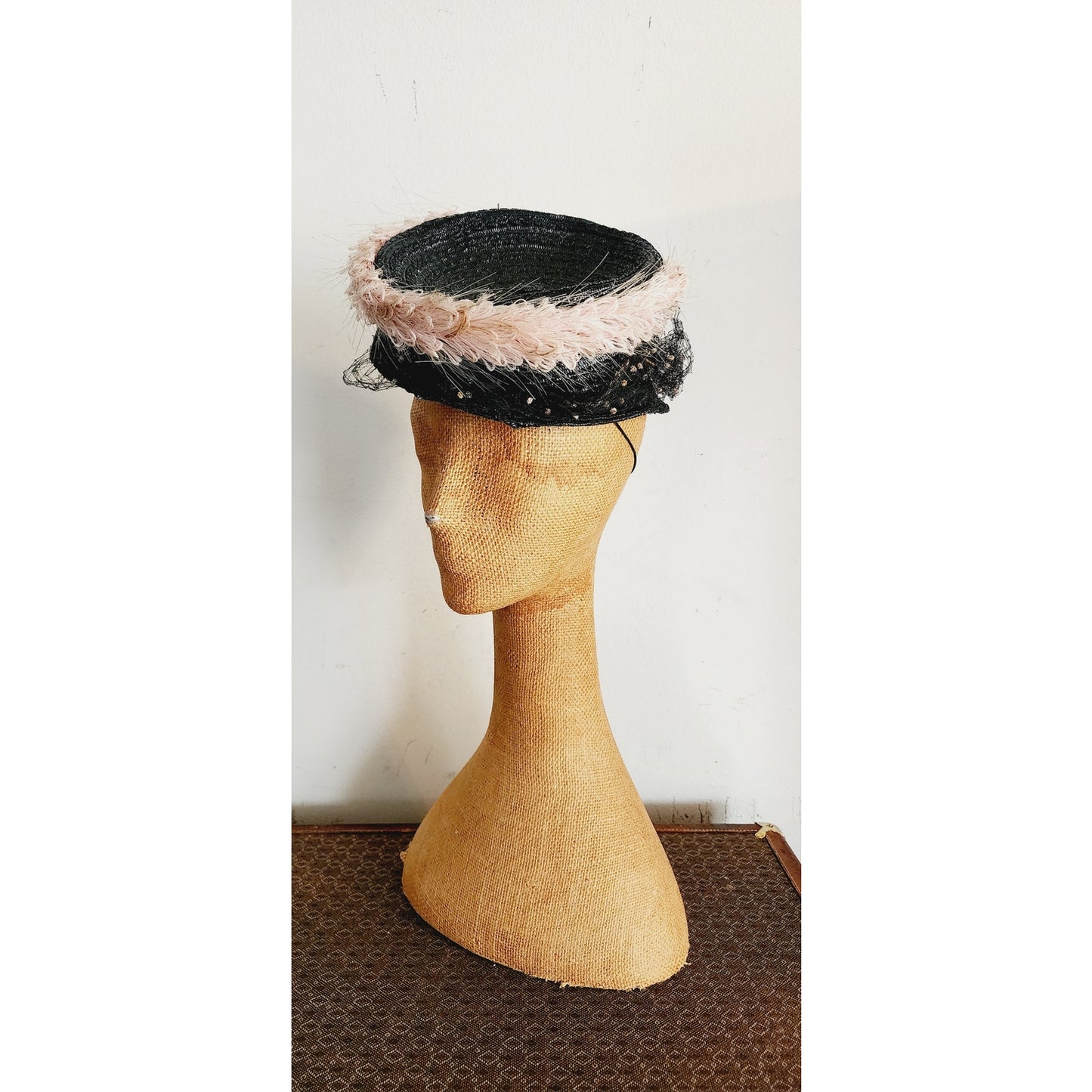 Vintage 1940s Tilt Top Boater Hat Black Straw & Pink Trim