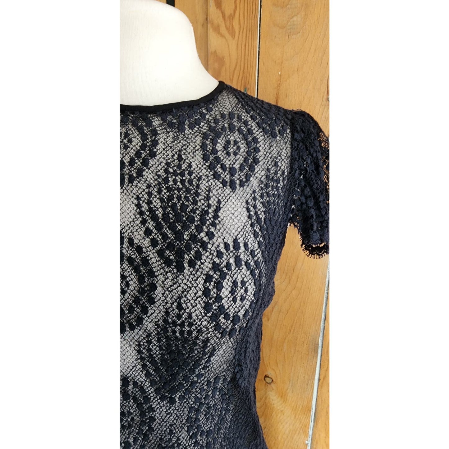 Vintage Black Lace Sheer Dress Drop Waist Short Sleeves