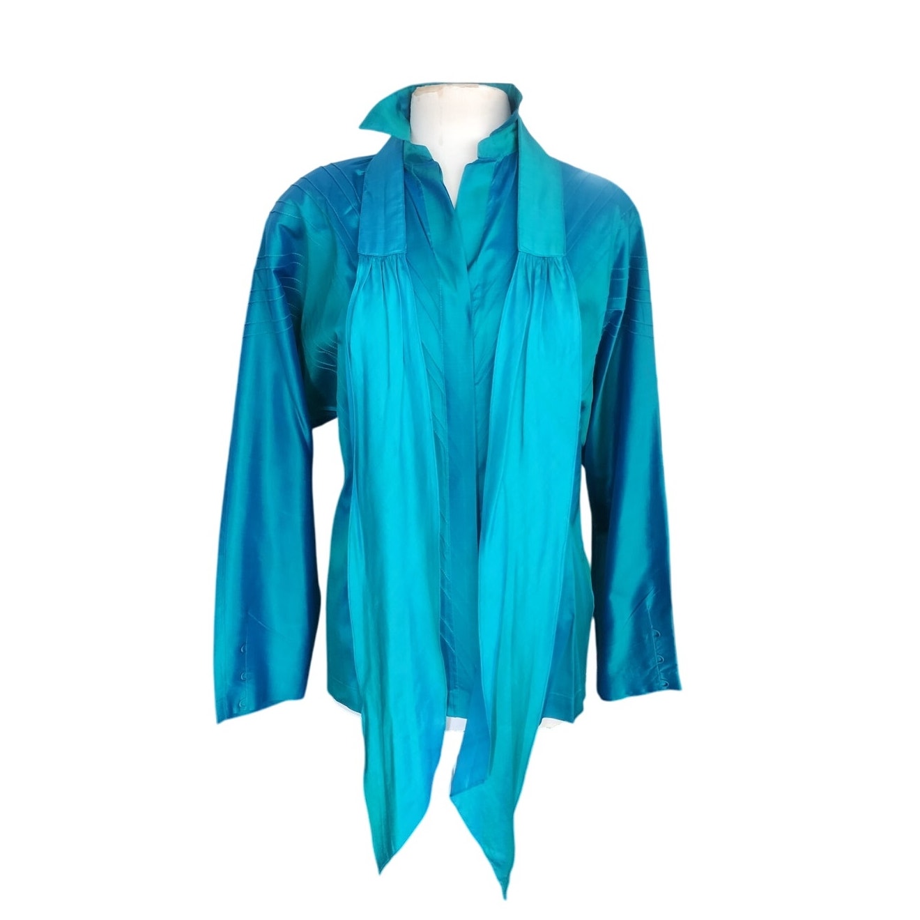 Vintage 80s Silk Blouse Electric Blue w/Pleats and Belt/Pussycat Bow / M