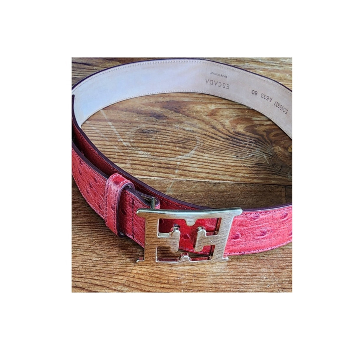 Vintage Escada Belt Red Ostrich Leather Gold E Letter Buckle