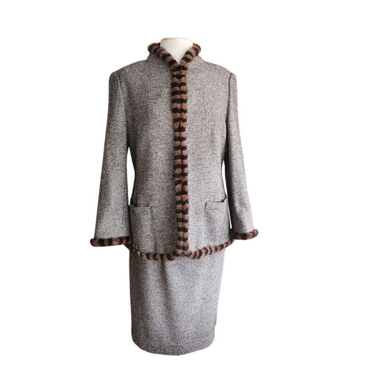 Vintage ESCADA Dress + Jacket Suit Set Alpaca Blend Wool Tweed Striped Mink Fur Trim / L