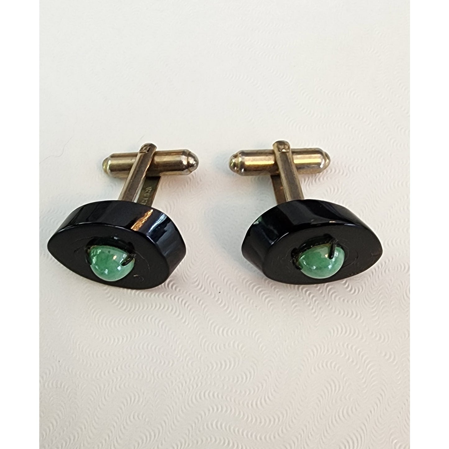 Vintage 50s Cufflinks Hawaiian Black Coral Jade 12K Gold Filled