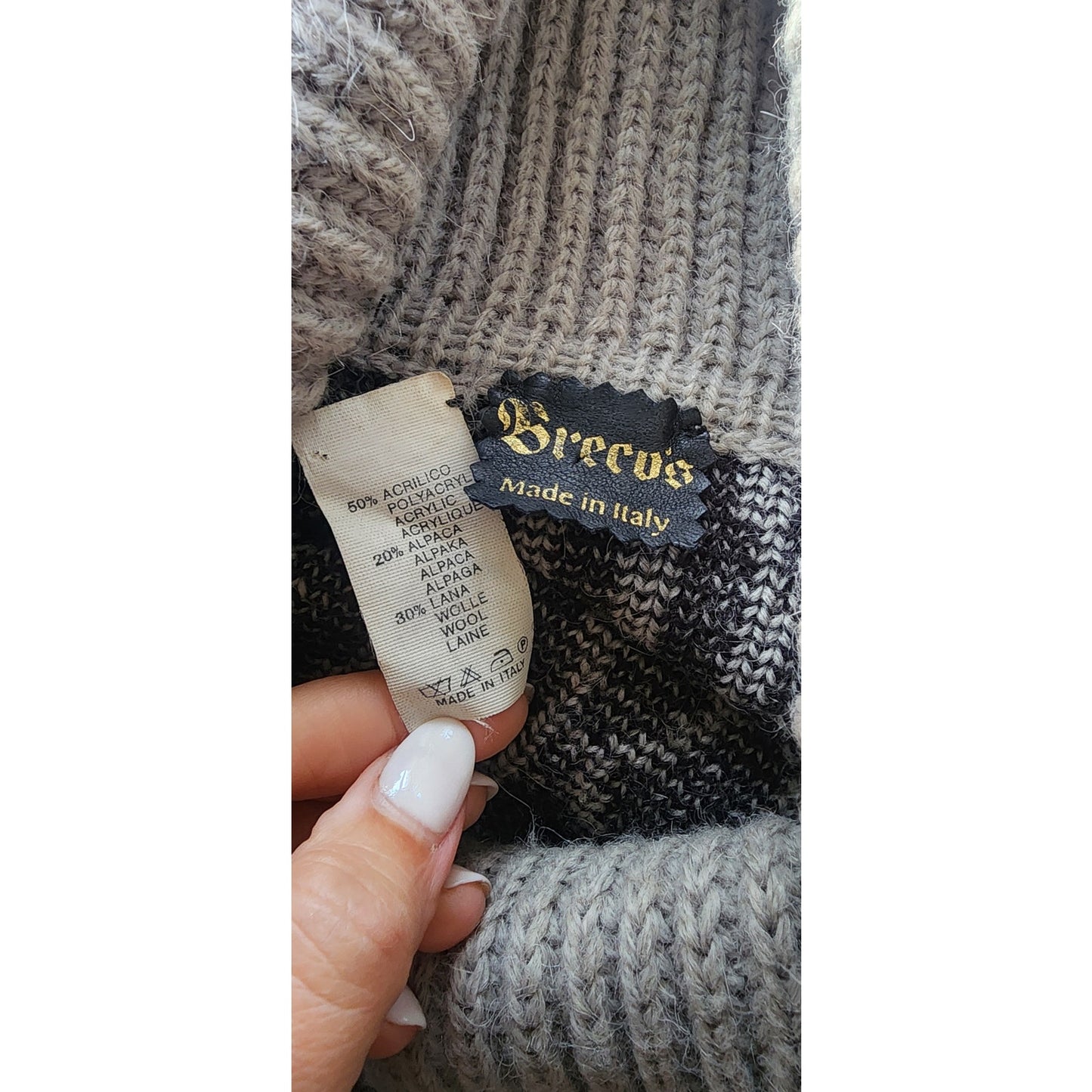 80s Breco's Sweater Black kat Pattern Large Cowlneck Collar Leather Panels