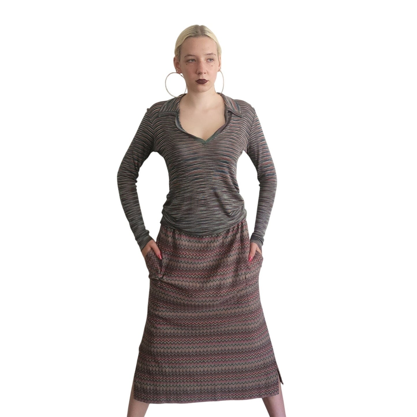 Vintage 1970s Missoni Knit 2 Piece Tunic + Skirt Set Striped Zigzag Suit I Magnin / Medium