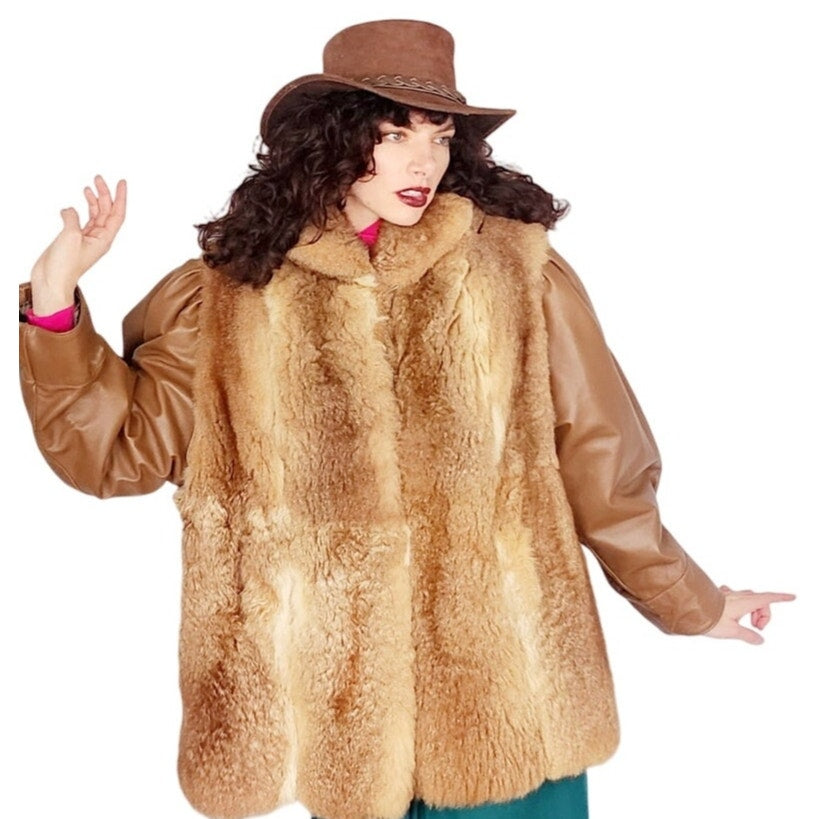 1970s Brown Leather Jacket w/Possum Fur Boho / Large