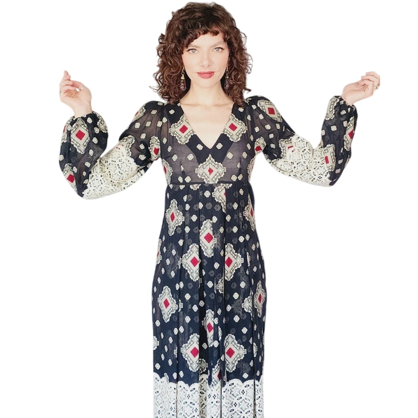 Vintage 70s Thea Porter Dress Black Brocade Cotton & Lace Balloon Sleeves