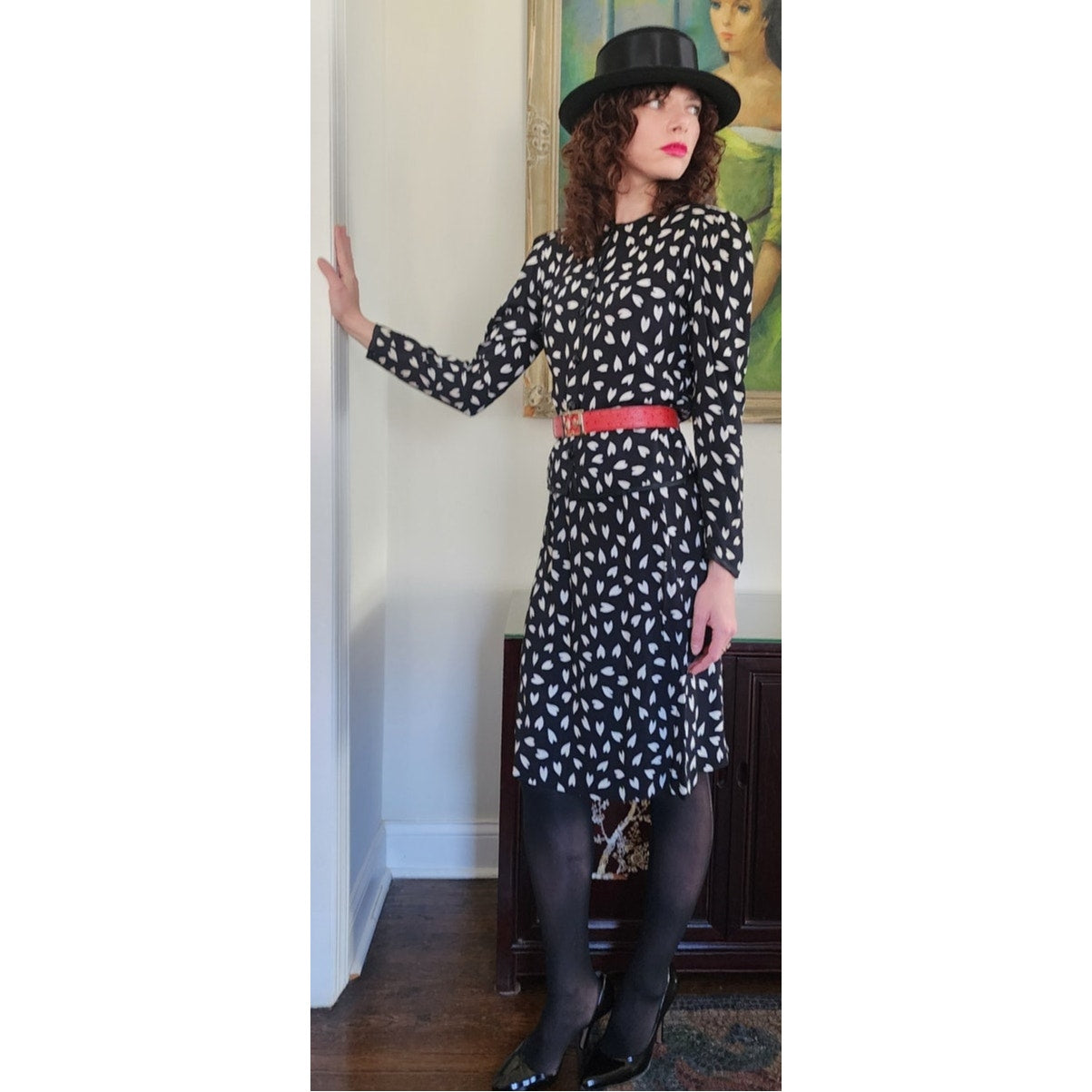 Vintage 1979 Yves Saint Laurent Skirt Suit Heart Print Silk Black White / S