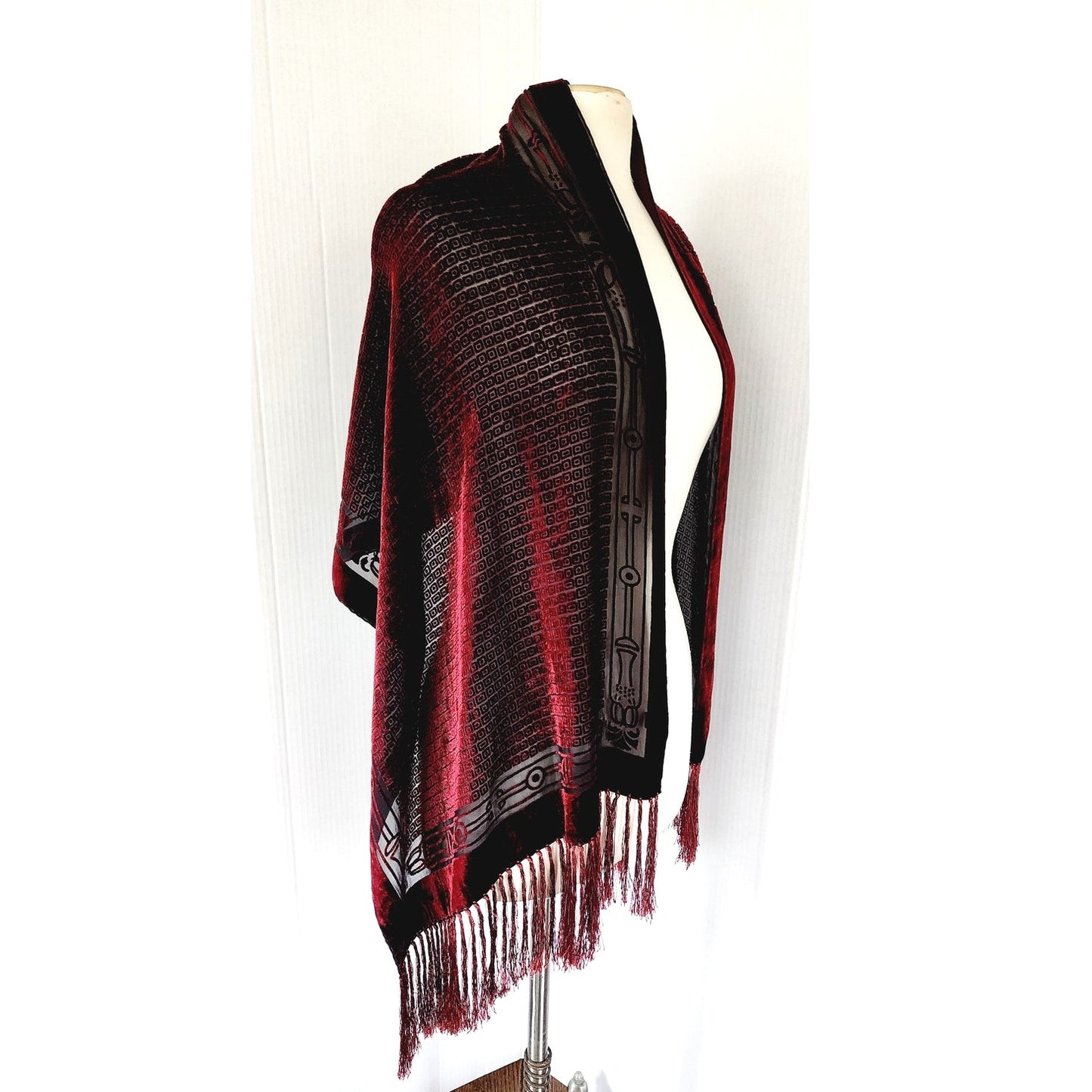 Vintage 90s Burnout Velvet Scarf Burgundy Red Velvet Fringed