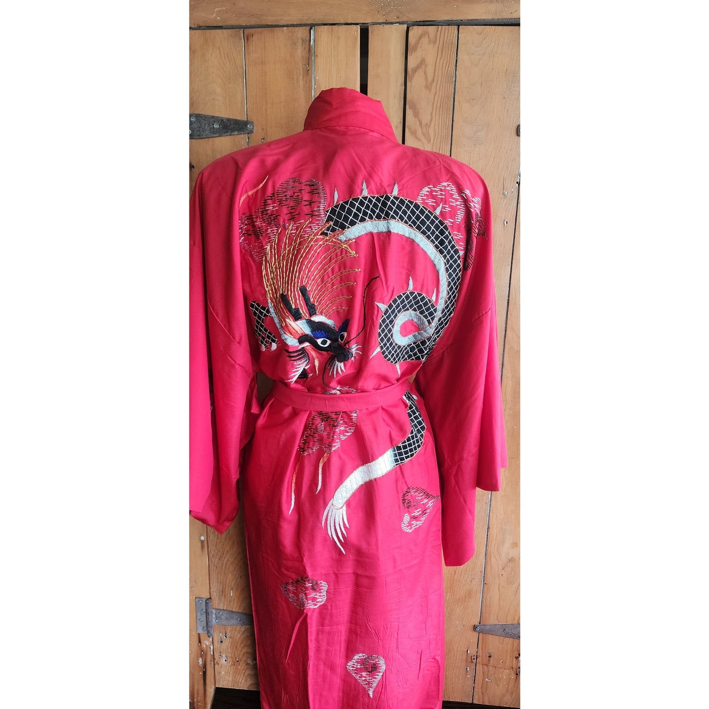 Vintage Japanese Dragon Robe Embroidered Red Silk