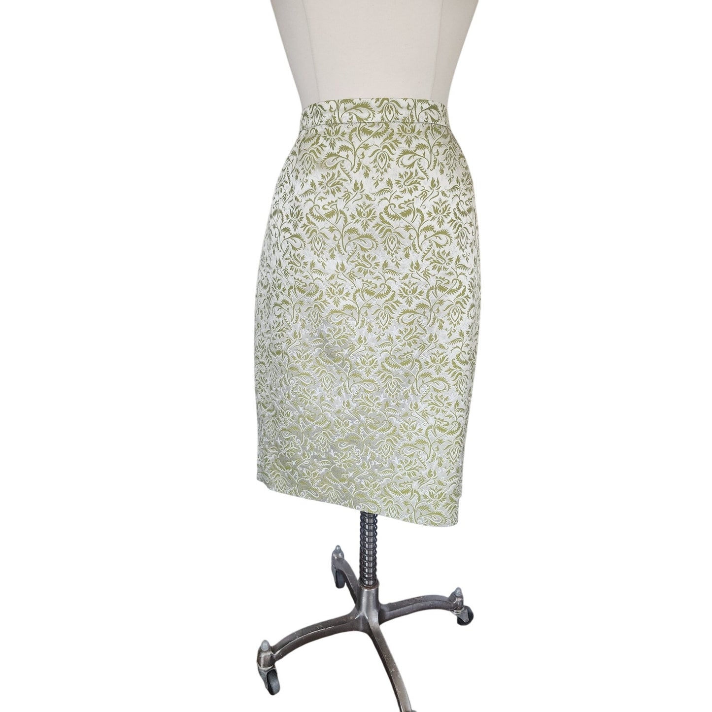 Vintage 80s ESCADA COUTURE Skirt Suit Green Cream Silk Jacquard Leafy Print / L