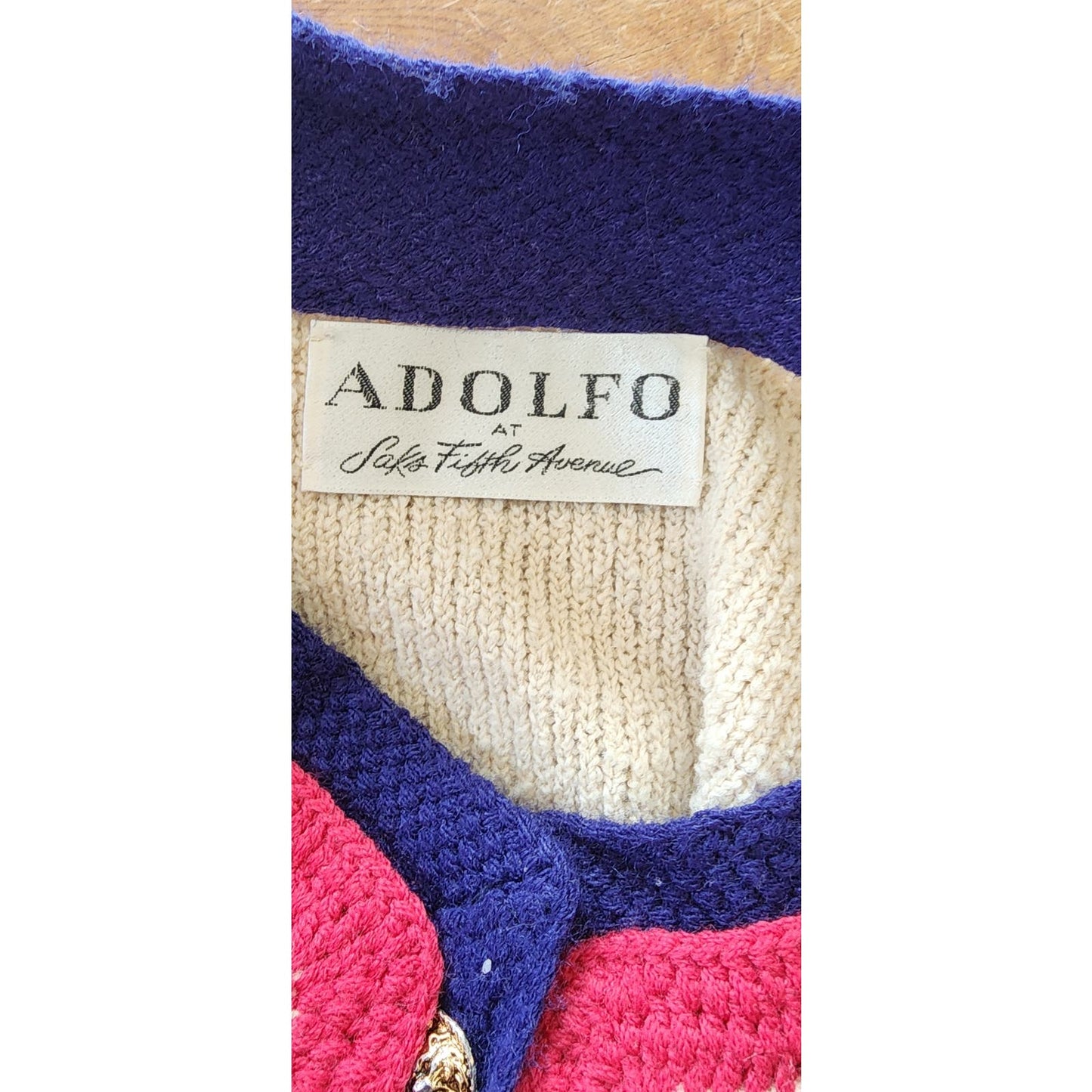 Vintage 60s Adolfo Skirt Suit Cream Blue Red Knit in Chanel Style
