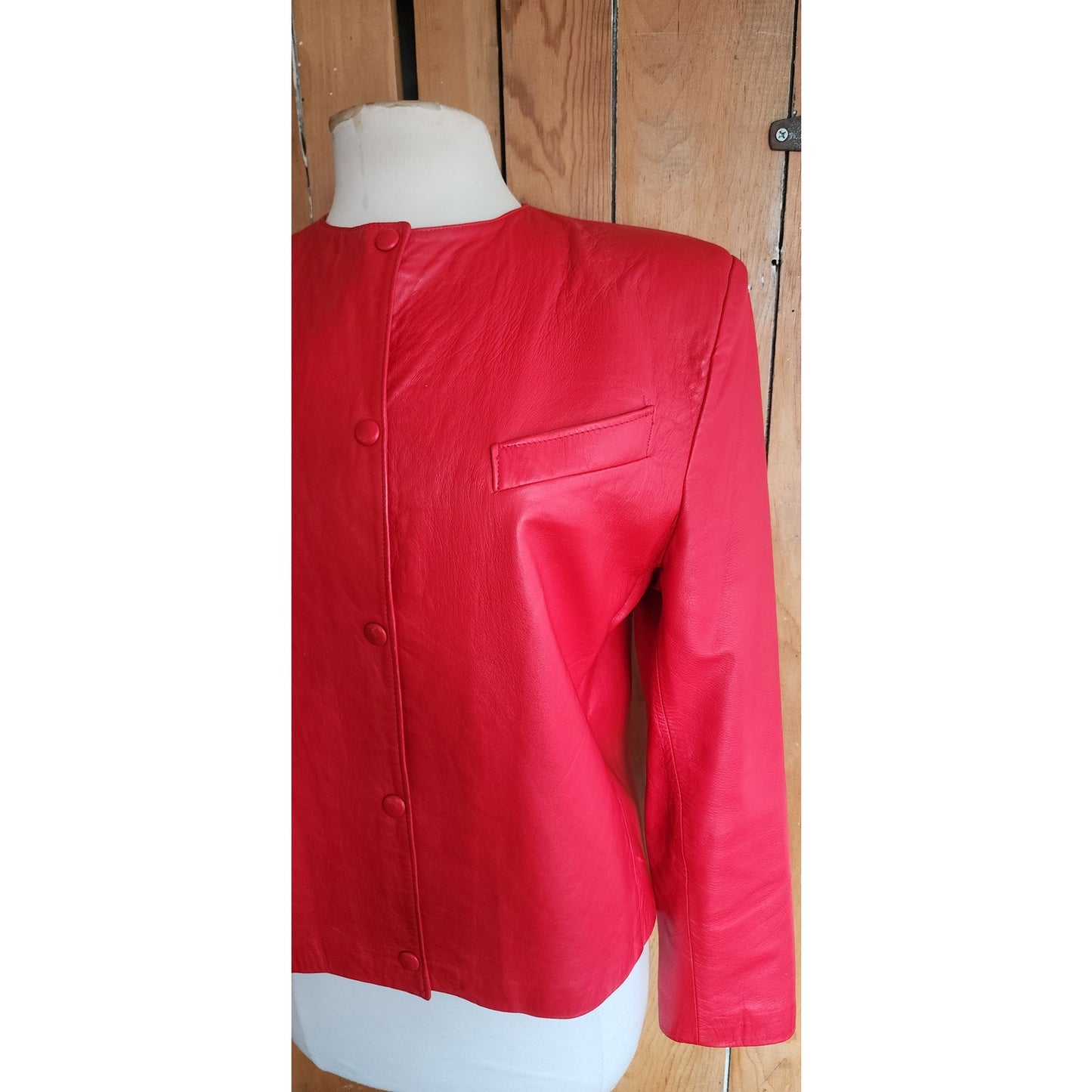 Vintage 80s Red Leather Jacket Snap Front Closure / S