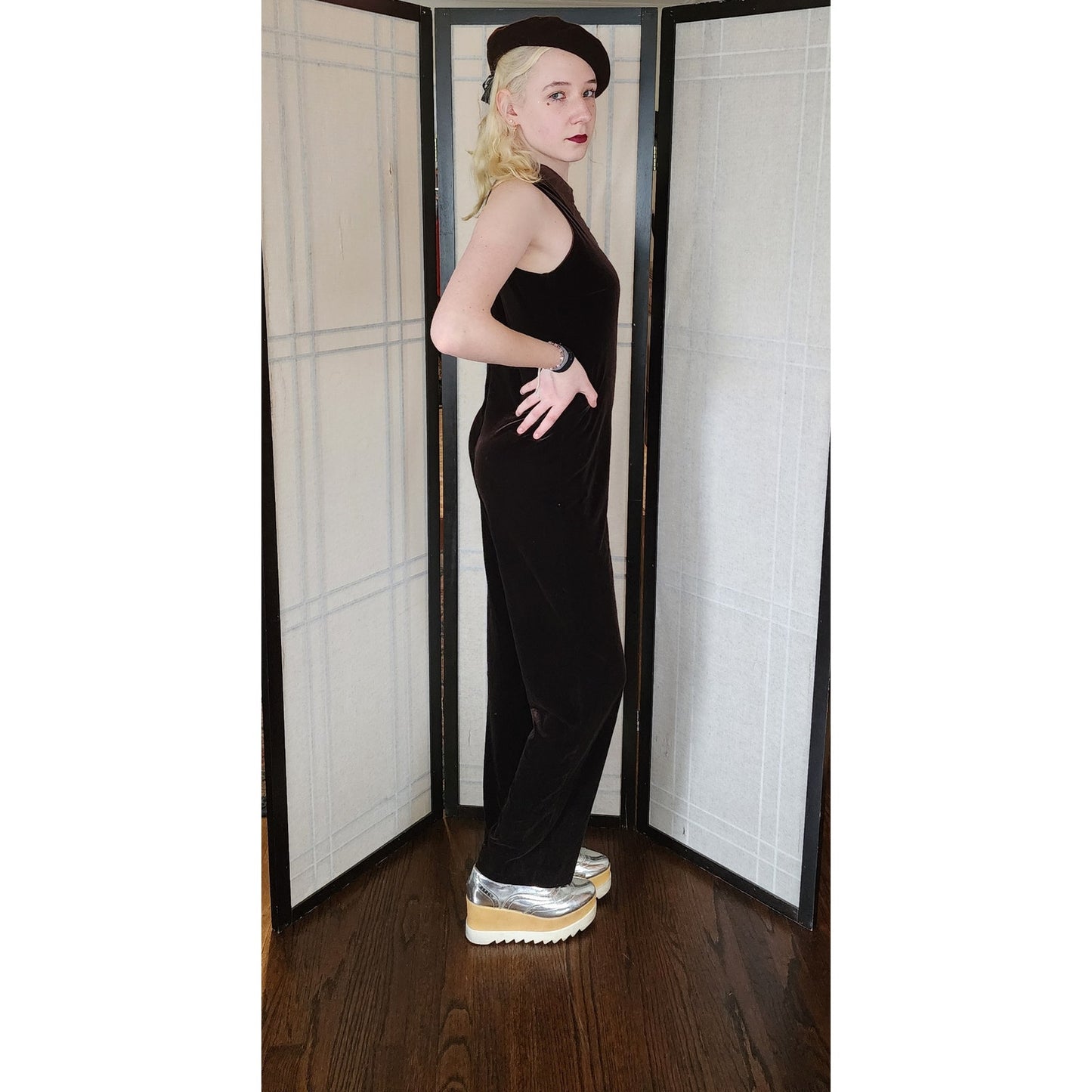 Vintage 90s Velvet Jumpsuit 1Sleeveless, in Brown Kay Unger / S