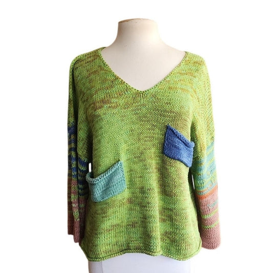 Artisinal Sweater Handknit Cotton Green V Neck w/Pockets / Nonpareil Vita March