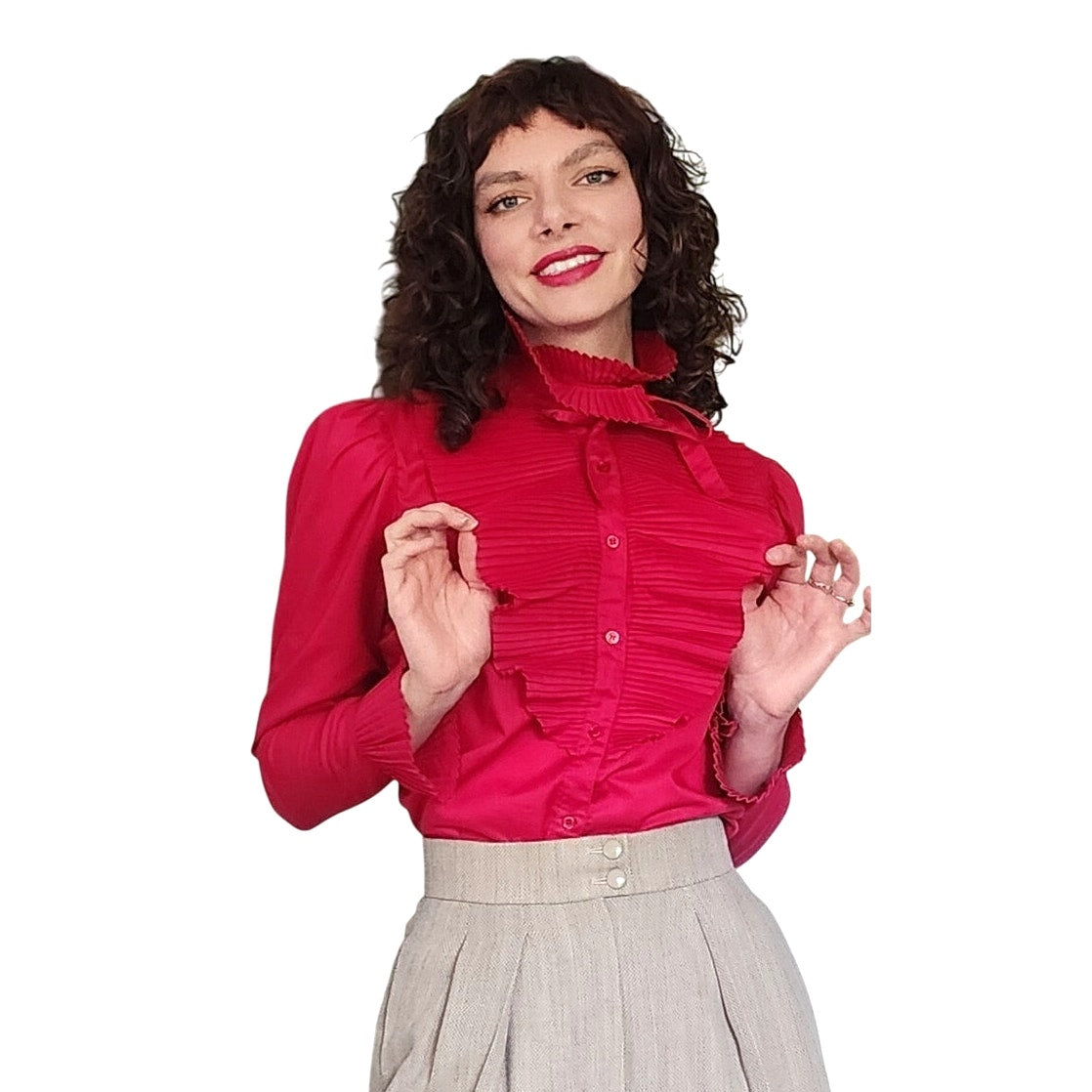 Vintage 80s Fuschia Blouse Ruffled Front Shirt 1 Park Ave