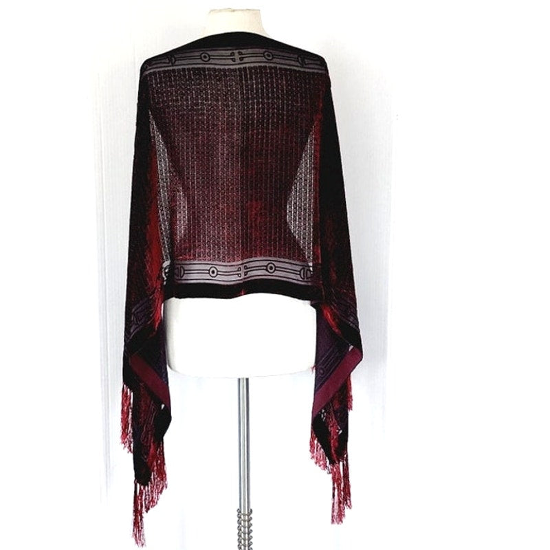 Vintage 90s Burnout Velvet Scarf Burgundy Red Velvet Fringed