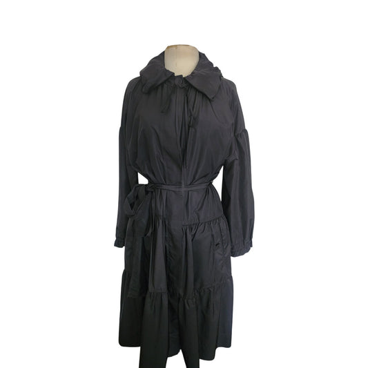 Vintage 2000s Sonia Rykiel Coat Dress / Black Trench Belted Raincoat Ruffled Skirt + Hood / M