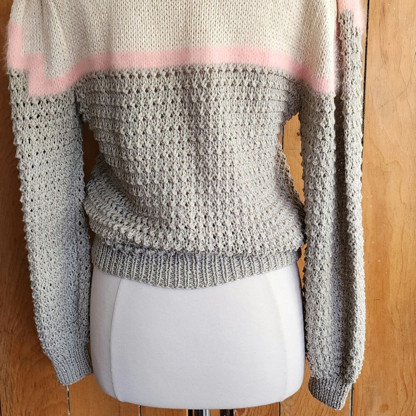 Vintage 80s Sweater Gray Pink Handknit Cardigan Acrylic Angora by Signatures