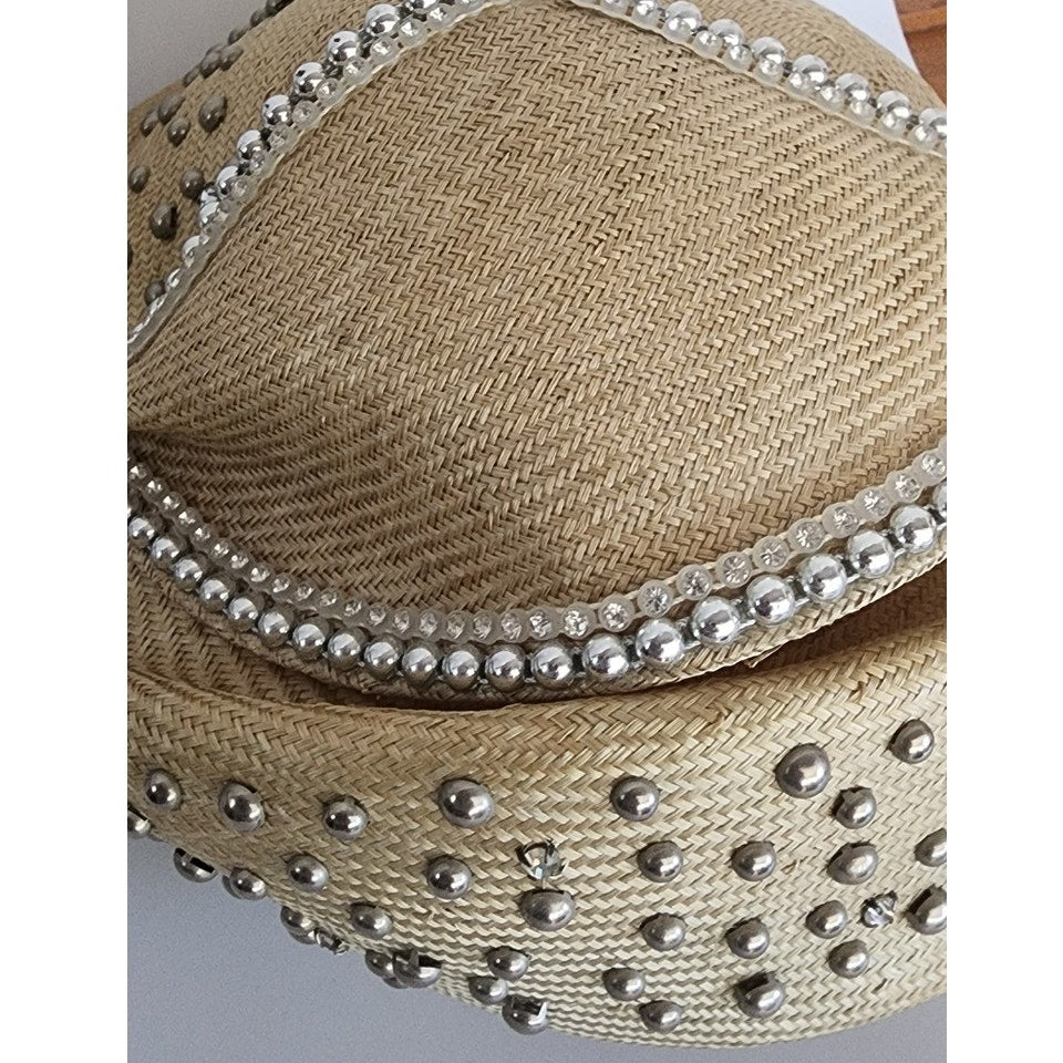 Vintage Jack McConnell Hat Asymmetrical Cream Straw Pearls Studs