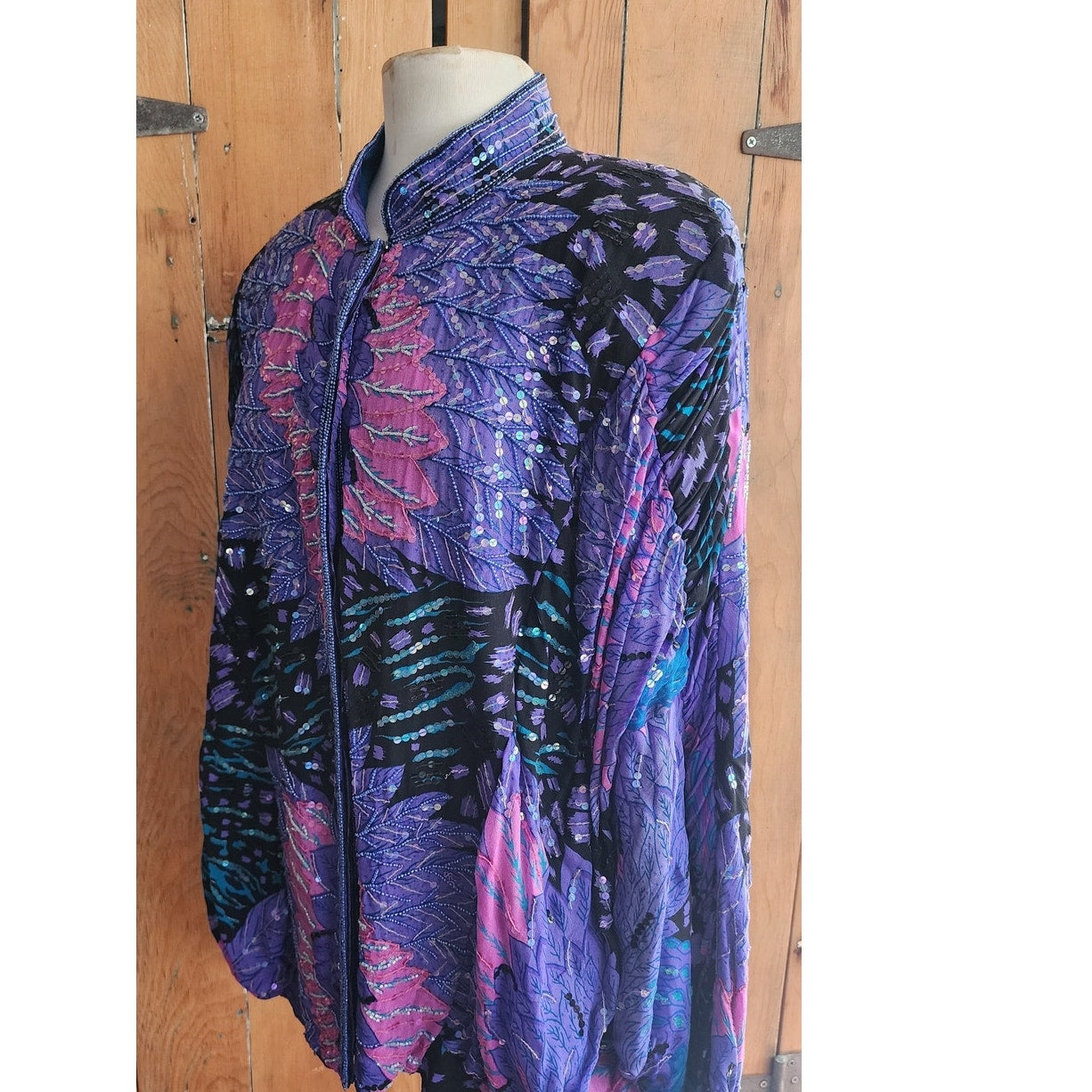 Vintage 80s Purple Sequined Jacket Bat Wing Sleeve Judith Ann Plus