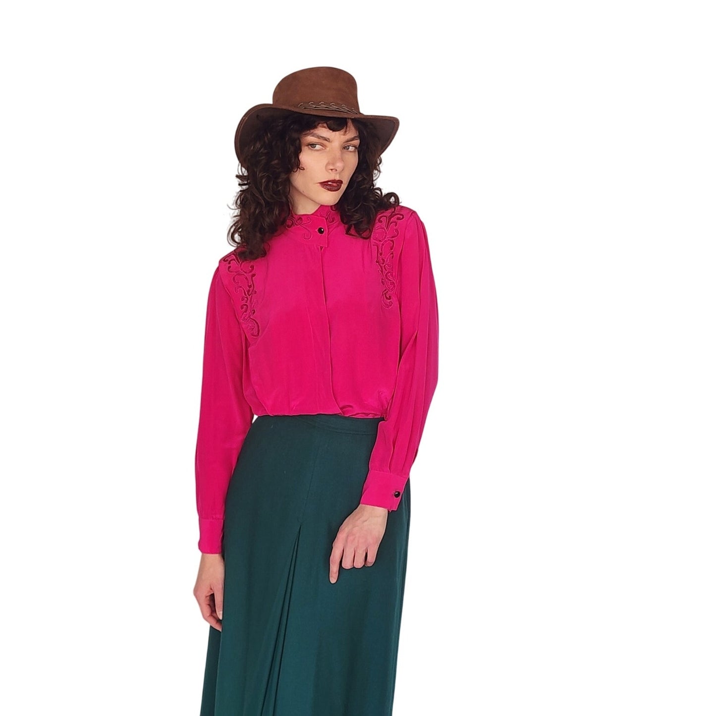 Vintage 80s Fuschia Pink Silk Blouse w/Embroidery Paul Alexander