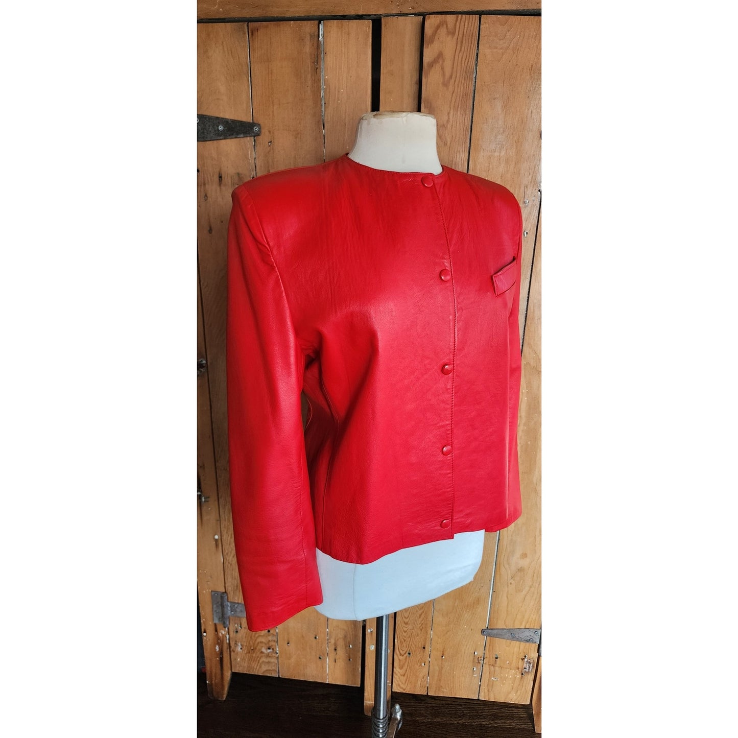 Vintage 80s Red Leather Jacket Snap Front Closure / S