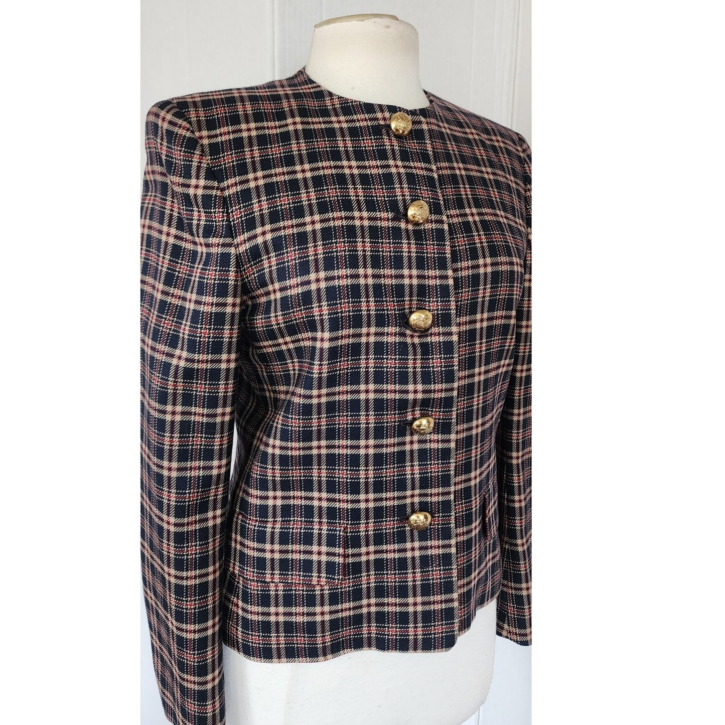 Vintage 80s Jaeger Blazer Navy Blue Brown Plaid Wool Blend