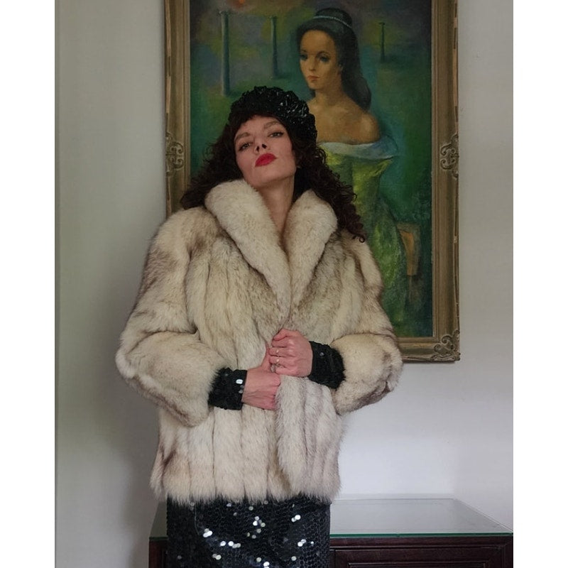 Vintage 70s Silver Fox Fur Jacket Large Collar