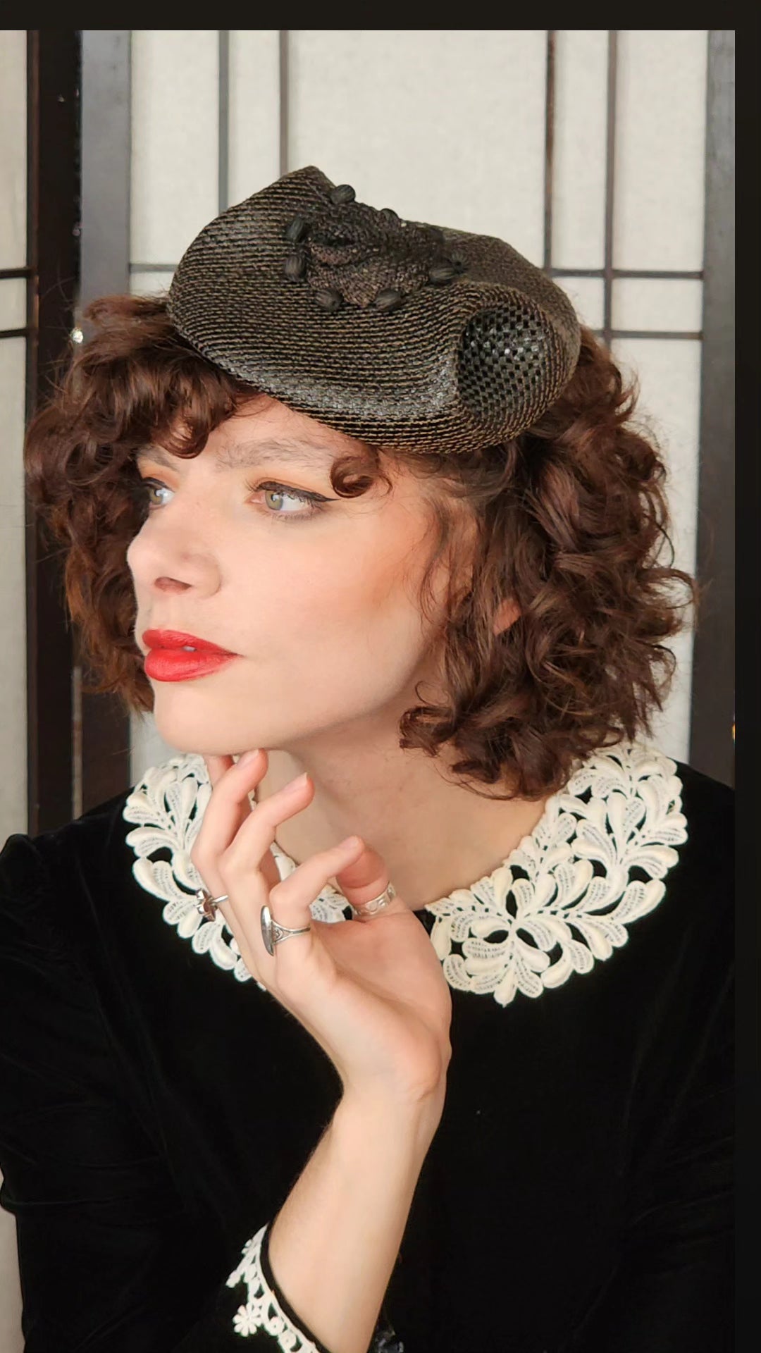 50s Black Straw Beanie Hat Junia Carson Pirie Scott Modernist